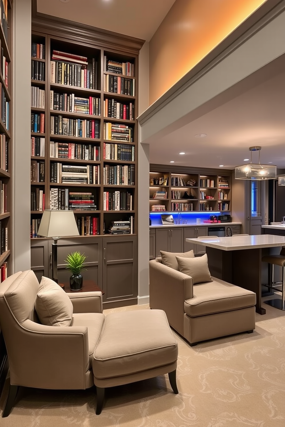 A cozy library nook featuring custom-built bookshelves that stretch from floor to ceiling filled with an array of books. A comfortable reading chair is positioned next to a small side table, creating an inviting space for relaxation. An elegant luxury basement designed for entertainment with a spacious open layout. The area includes a plush sectional sofa, a sleek bar with high stools, and ambient lighting that enhances the sophisticated atmosphere.