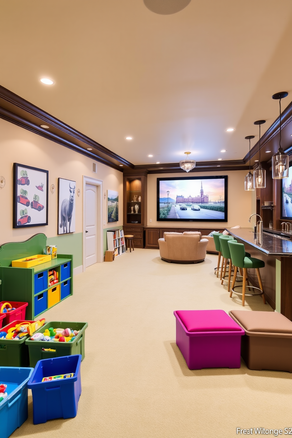 A bright and cheerful children's playroom features soft, cushioned flooring in a vibrant color. The walls are adorned with playful murals, and a variety of toys are neatly organized in colorful bins. The luxury basement design includes a spacious entertainment area with plush seating and a large screen for movie nights. Elegant lighting fixtures hang from the ceiling, and a wet bar with high-end finishes adds a touch of sophistication.