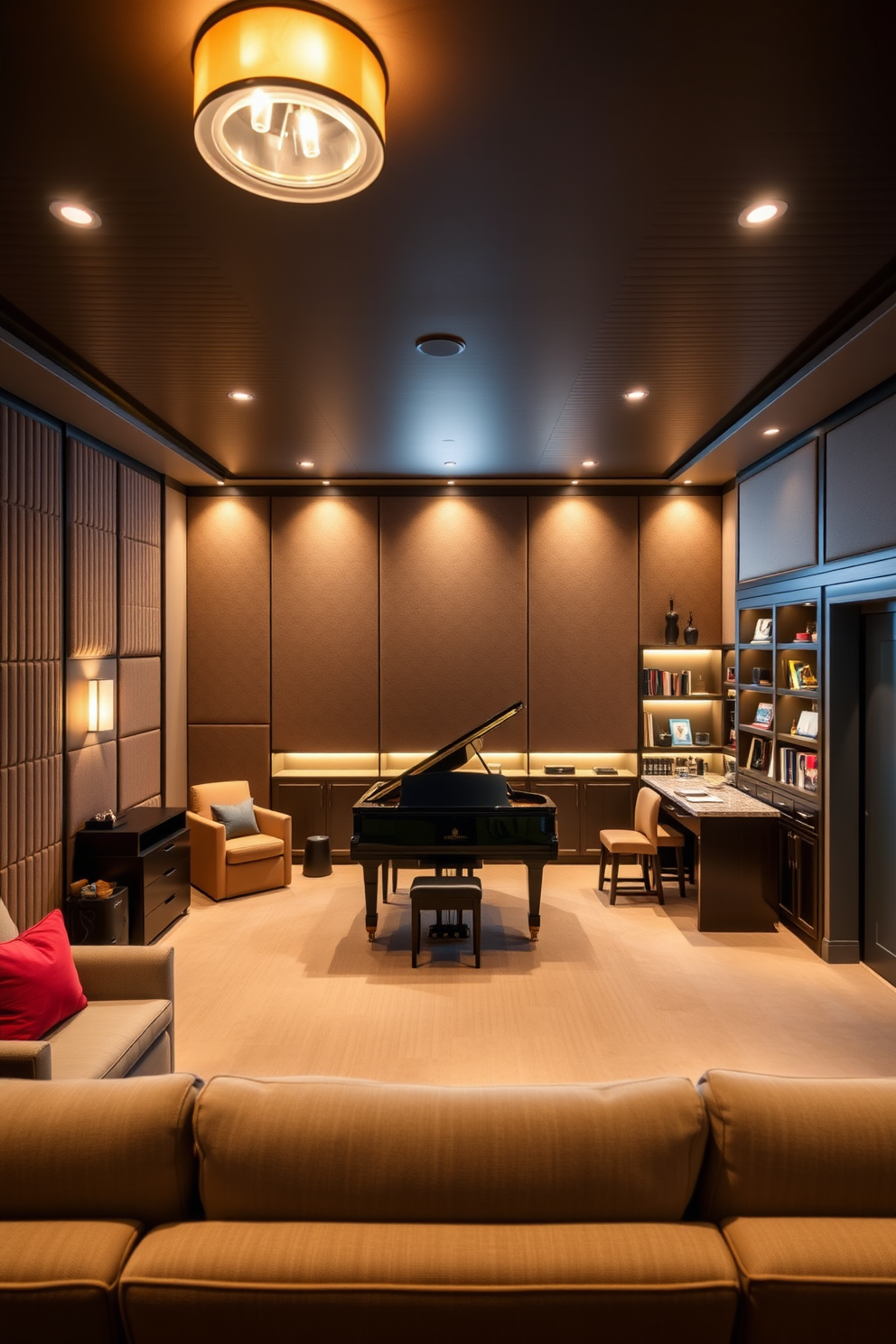 A music room designed for optimal sound quality features soundproofing panels on the walls and ceiling to enhance acoustics. The space includes a grand piano in the center, surrounded by plush seating and elegant lighting fixtures. The luxury basement is designed as a multi-functional entertainment area with a wet bar and home theater setup. Soft ambient lighting highlights the custom-built shelves filled with books and decorative items, creating a warm and inviting atmosphere.