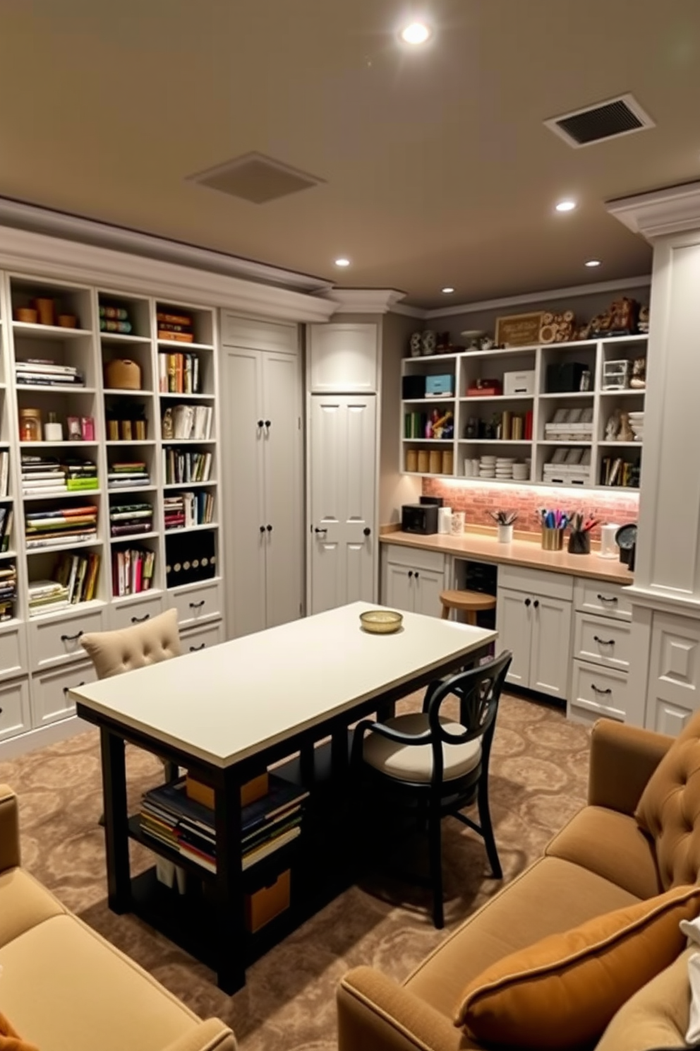 Creative craft room with organization solutions. The room features a large central table surrounded by shelves filled with various craft supplies. Luxury basement design ideas. The space includes a cozy lounge area with plush seating, a wet bar, and ambient lighting to create an inviting atmosphere.