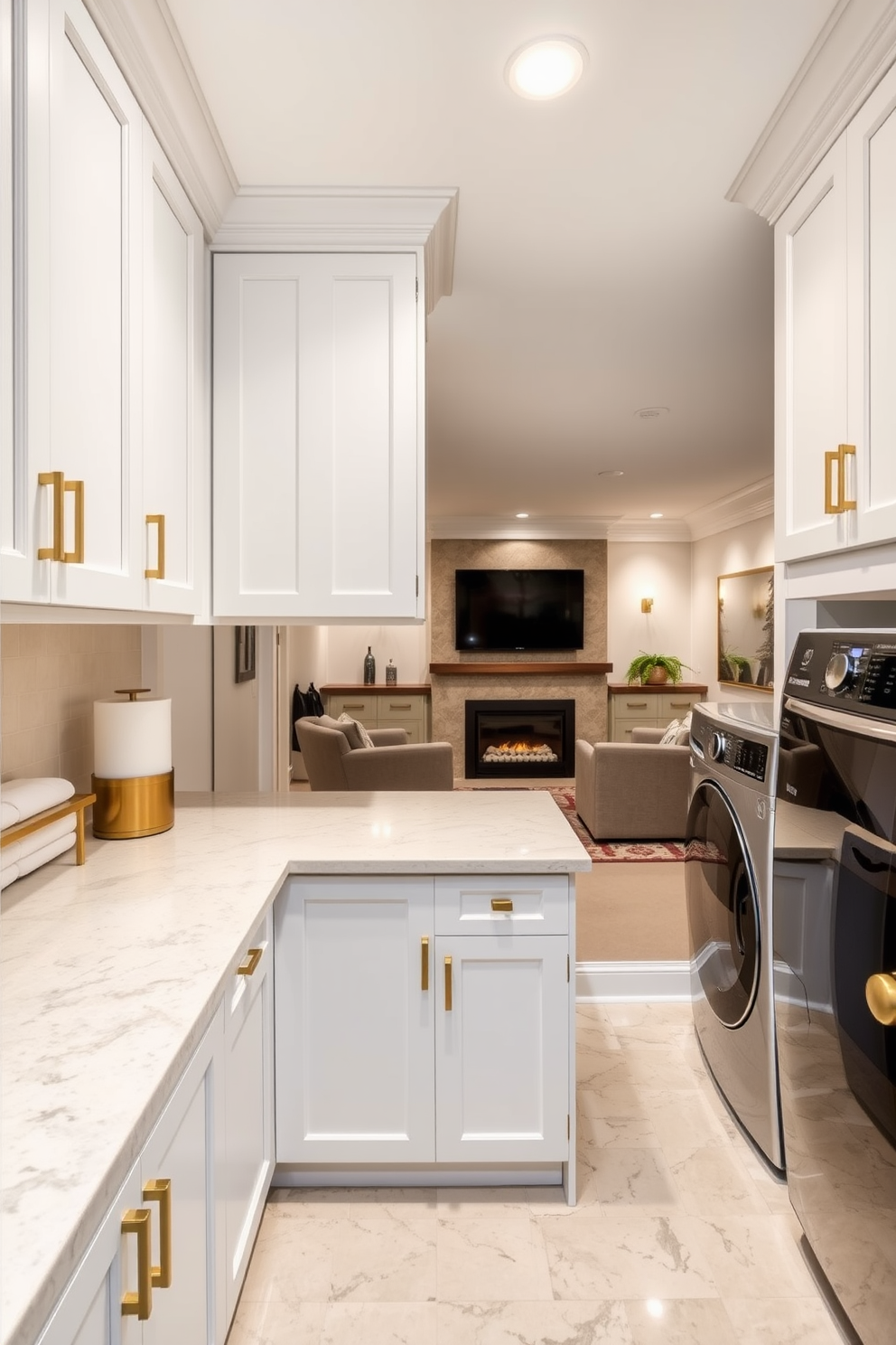 A stylish laundry room features a spacious folding station with ample countertop space. The cabinetry is sleek and modern, painted in a soft white hue, with brass hardware adding a touch of elegance. The luxury basement design includes a cozy lounge area with plush seating and a contemporary fireplace. Ambient lighting creates a warm atmosphere, while a wet bar with high-end finishes completes the space.