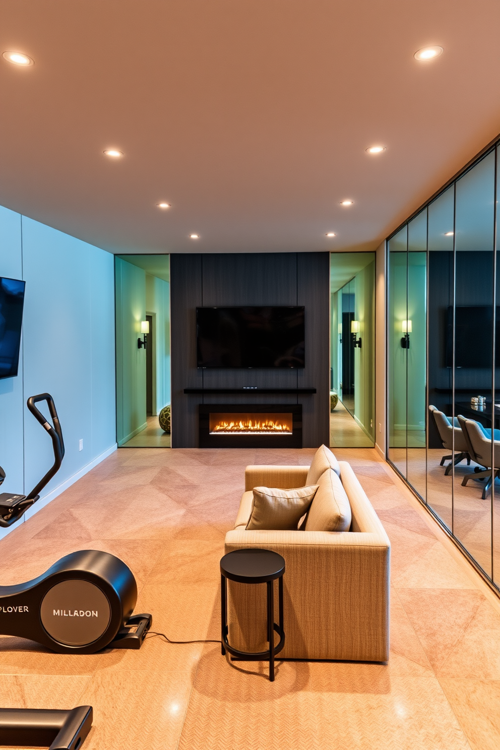 A music room featuring soundproofing panels on the walls and ceiling for optimal acoustics. Various instruments including a grand piano, guitars, and a drum set are artfully arranged throughout the space. A luxury basement designed for relaxation and entertainment. It includes a home theater with plush seating, a wet bar with elegant finishes, and a cozy lounge area with a fireplace.