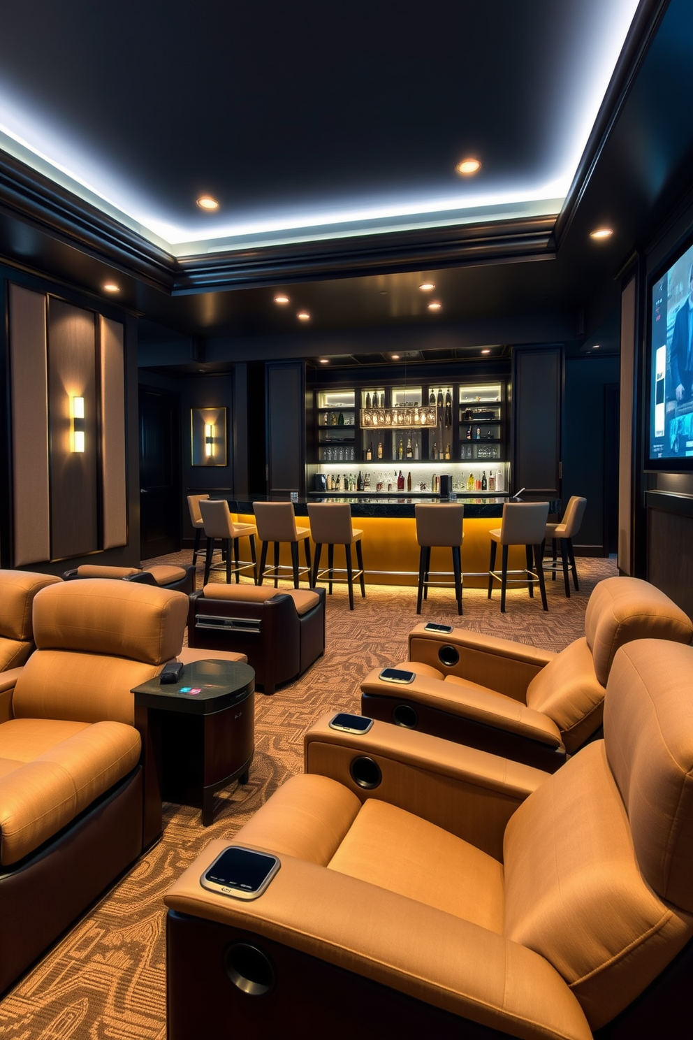 Home theater with plush recliners. The room features a large screen for immersive movie experiences and acoustic panels on the walls for optimal sound quality. Luxury basement design ideas. The space includes a stylish bar area with high stools, ambient lighting, and elegant finishes that create a welcoming atmosphere for entertainment.