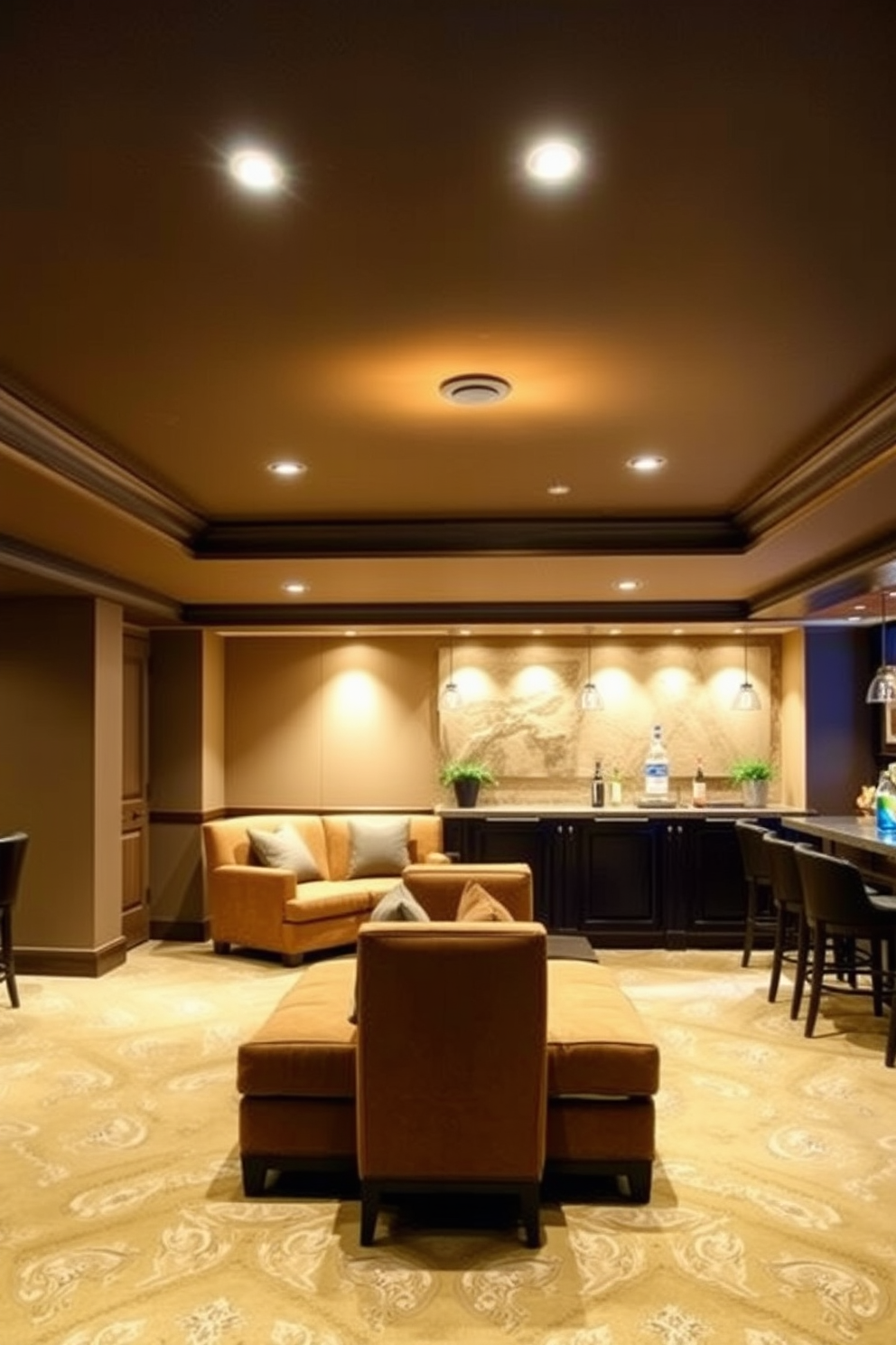 A custom lighting design creates a warm and inviting ambiance in the luxury basement. Soft, recessed lighting illuminates the space, highlighting elegant features such as a plush seating area and a stylish bar. The basement features a sophisticated design with high-end finishes and comfortable furnishings. Rich textures and colors create a cozy atmosphere, perfect for relaxation and entertainment.