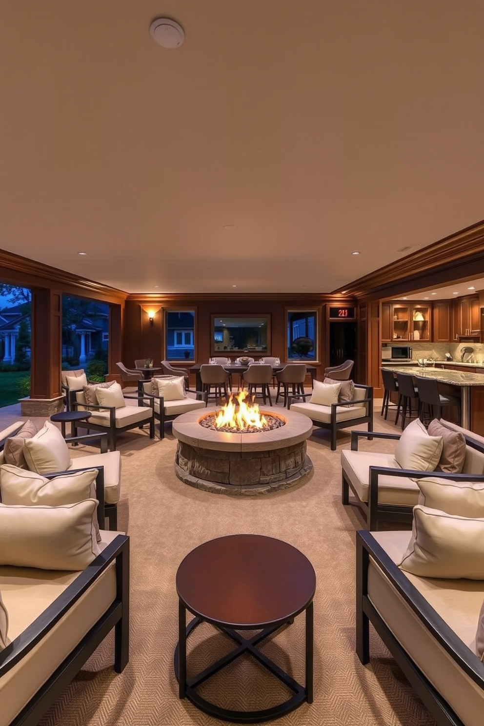 A fire pit area surrounded by comfortable seating creates an inviting atmosphere for cozy gatherings. The space features elegant outdoor furniture with plush cushions, and soft ambient lighting enhances the warmth of the fire. The luxury basement design includes a spacious lounge area with a wet bar and a state-of-the-art entertainment system. Rich wood paneling and plush carpeting add sophistication, while large windows provide natural light and a connection to the outdoors.