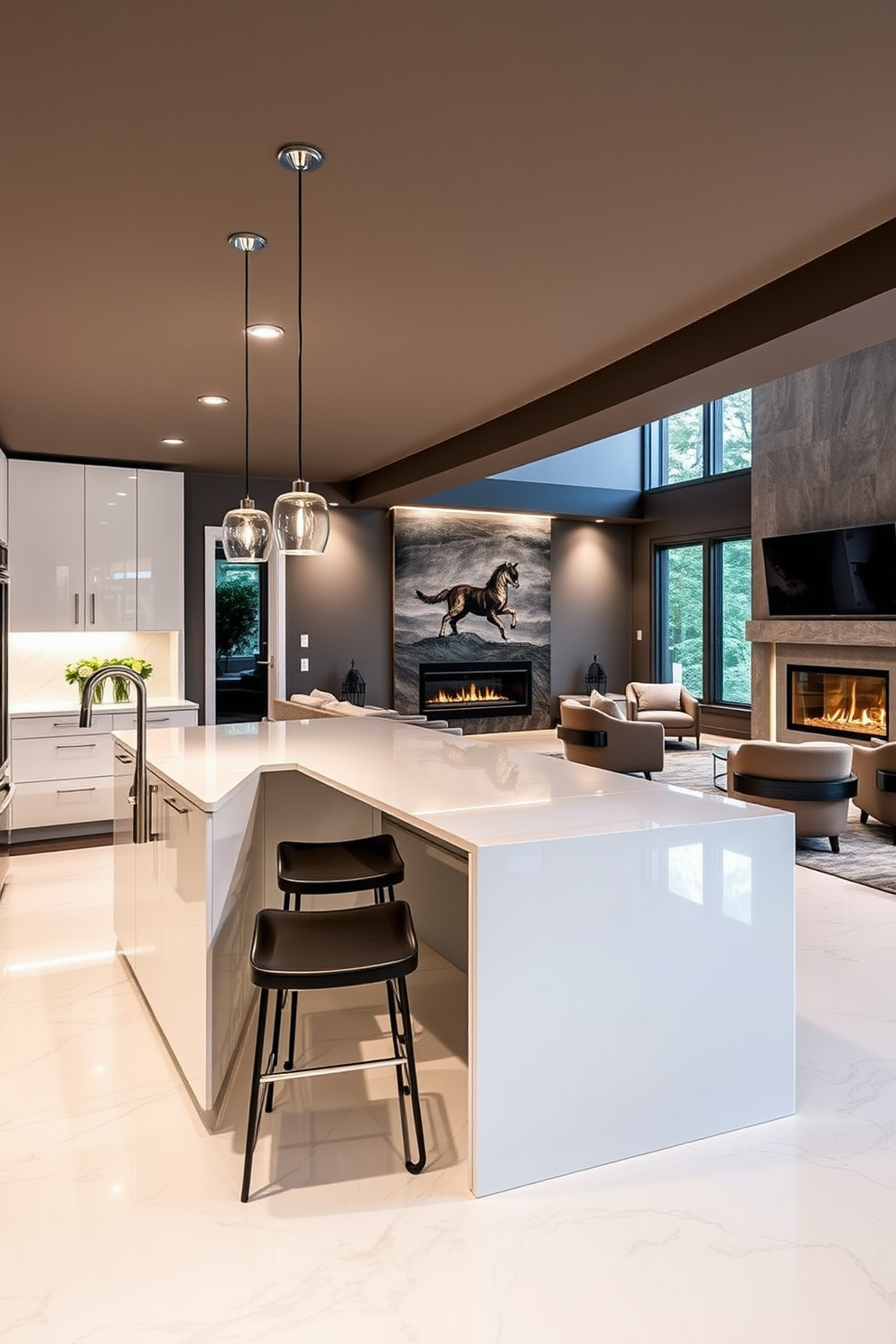 A sleek kitchenette designed for entertaining guests features a large island with bar seating and a polished quartz countertop. The cabinetry is a glossy white finish with integrated appliances for a seamless look, and pendant lights hang above the island to create an inviting atmosphere. The luxury basement design includes a spacious lounge area with plush seating and a modern fireplace as the focal point. A stylish wet bar with high-end finishes complements the entertainment space, while large windows allow natural light to flood the area, creating an airy feel.