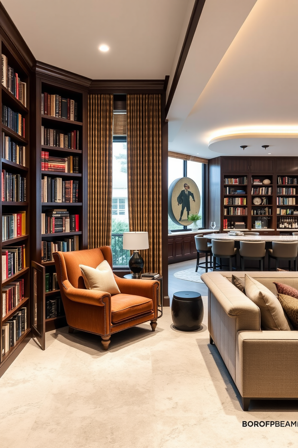 A personal library with a cozy reading nook features floor-to-ceiling bookshelves filled with an extensive collection of books. A plush armchair upholstered in rich fabric is positioned next to a large window, creating a perfect spot for reading. The luxury basement design includes an open layout with a stylish bar area and a comfortable lounge space. Soft ambient lighting highlights the elegant finishes, while a large sectional sofa invites relaxation and entertainment.