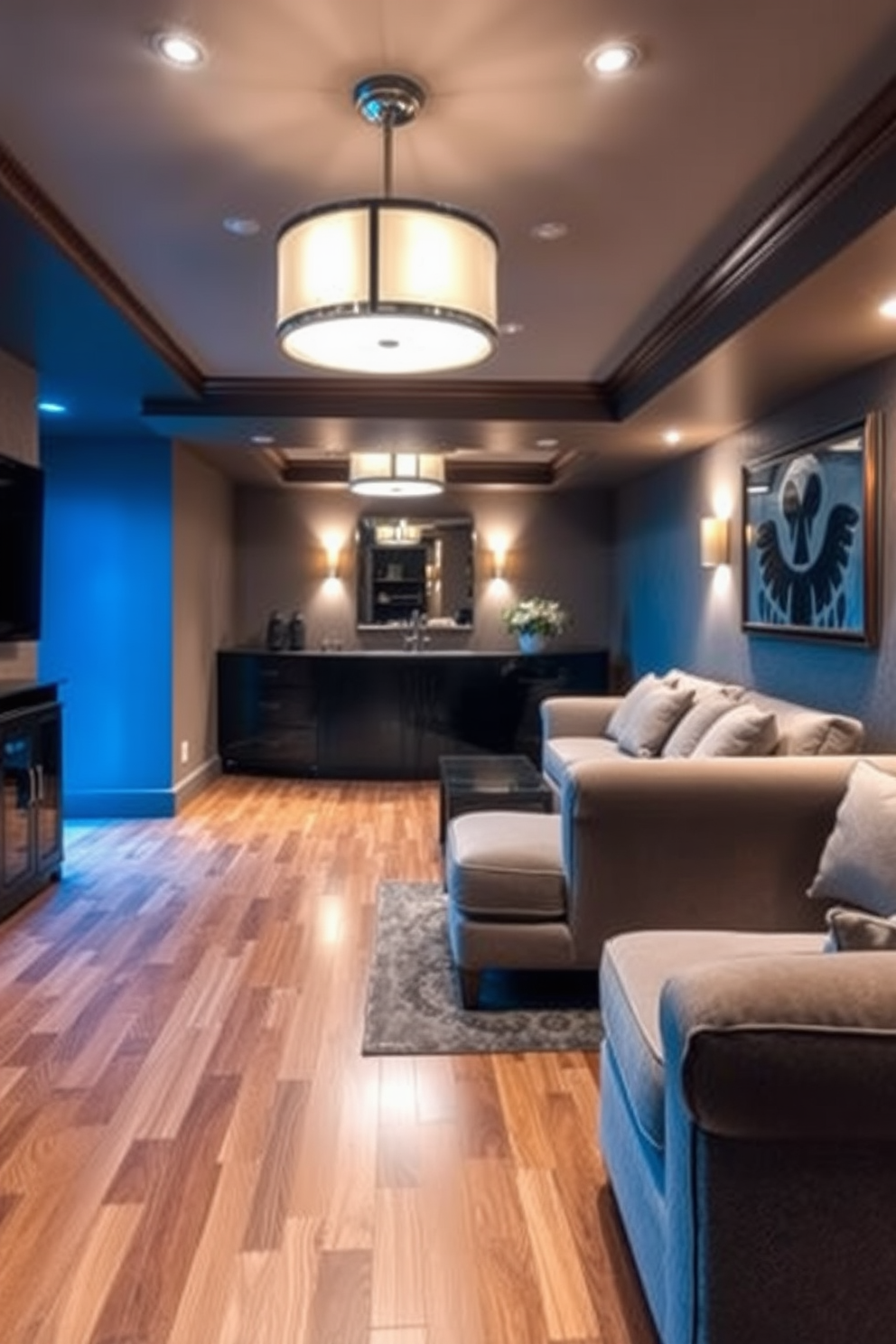 A luxurious basement featuring bold accent walls adorned with unique geometric patterns. The space includes a plush sectional sofa, a sleek bar area with high stools, and ambient lighting that highlights the design elements.