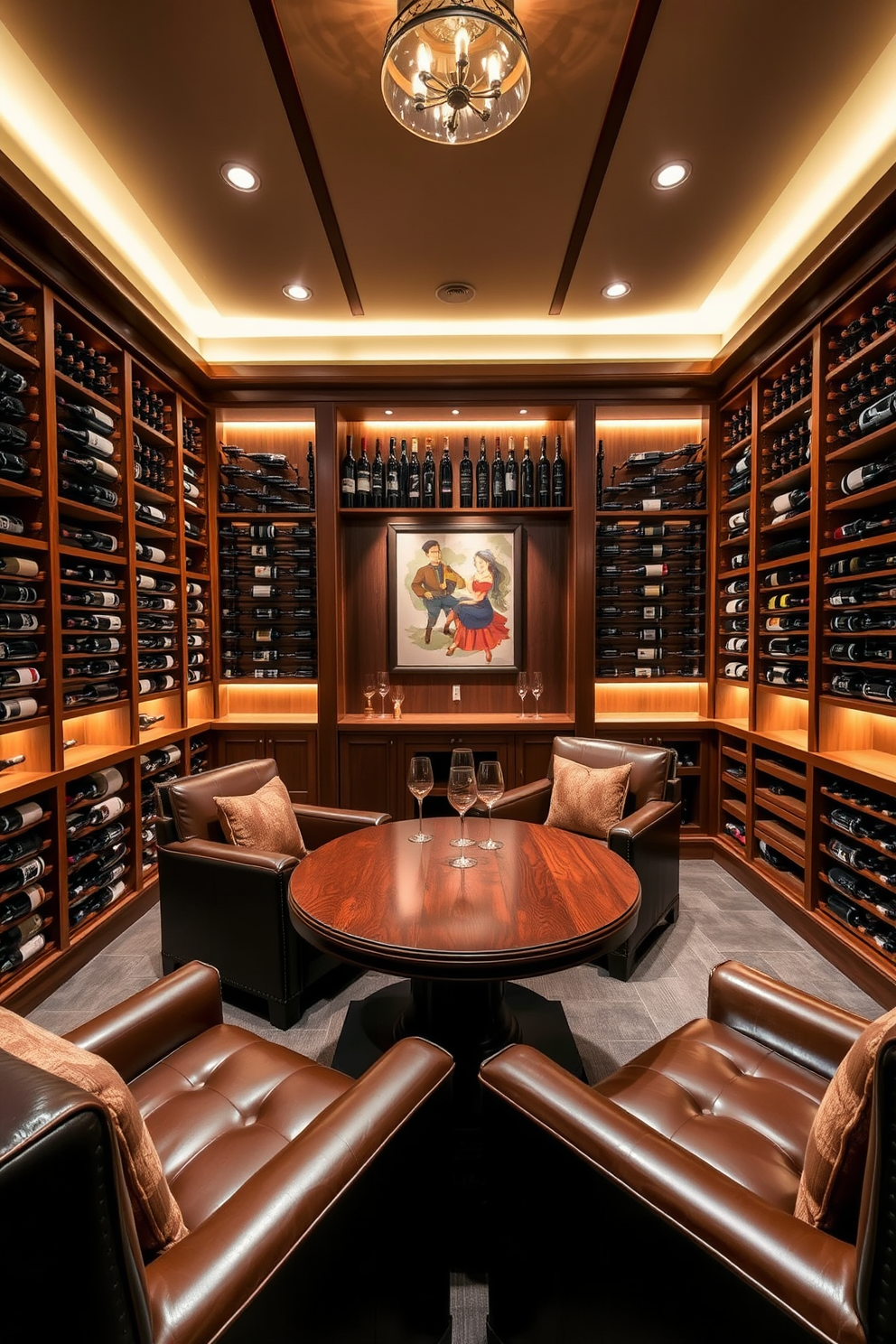 A luxurious wine cellar and tasting room designed for elegance and comfort. The room features custom wooden wine racks that hold an extensive collection of fine wines, complemented by soft ambient lighting. Rich leather seating arrangements provide a cozy area for tastings, while a large wooden table invites gatherings. The walls are adorned with tasteful artwork related to wine, enhancing the sophisticated atmosphere.