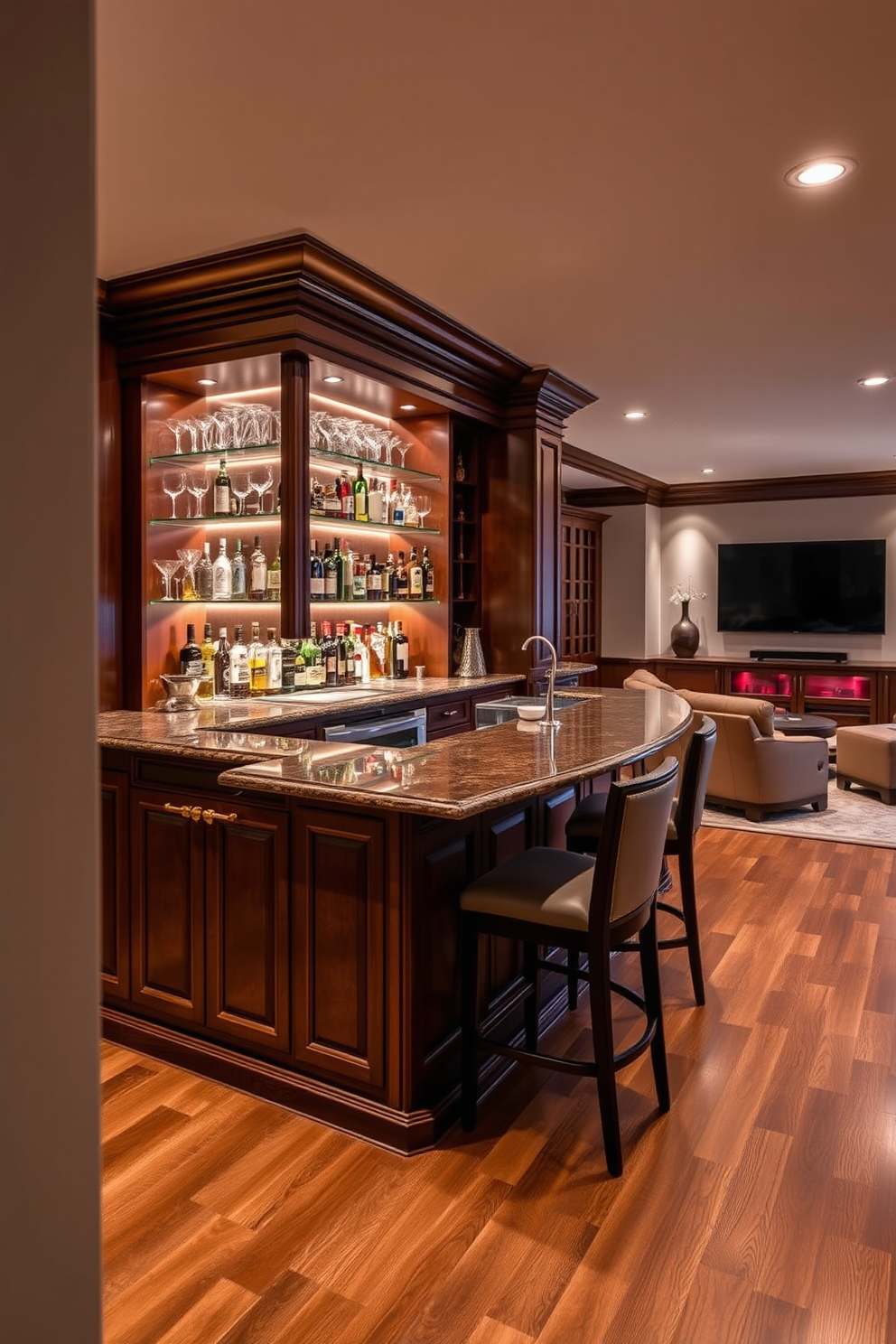 A vibrant game room featuring a sleek billiards table at the center, surrounded by comfortable seating. The walls are adorned with vintage arcade game posters, and a retro arcade machine stands in the corner, inviting fun and nostalgia. The flooring is polished concrete, providing a modern touch, while ambient LED lighting casts a warm glow throughout the space. A mini bar with stylish stools offers refreshments, enhancing the luxury basement design.