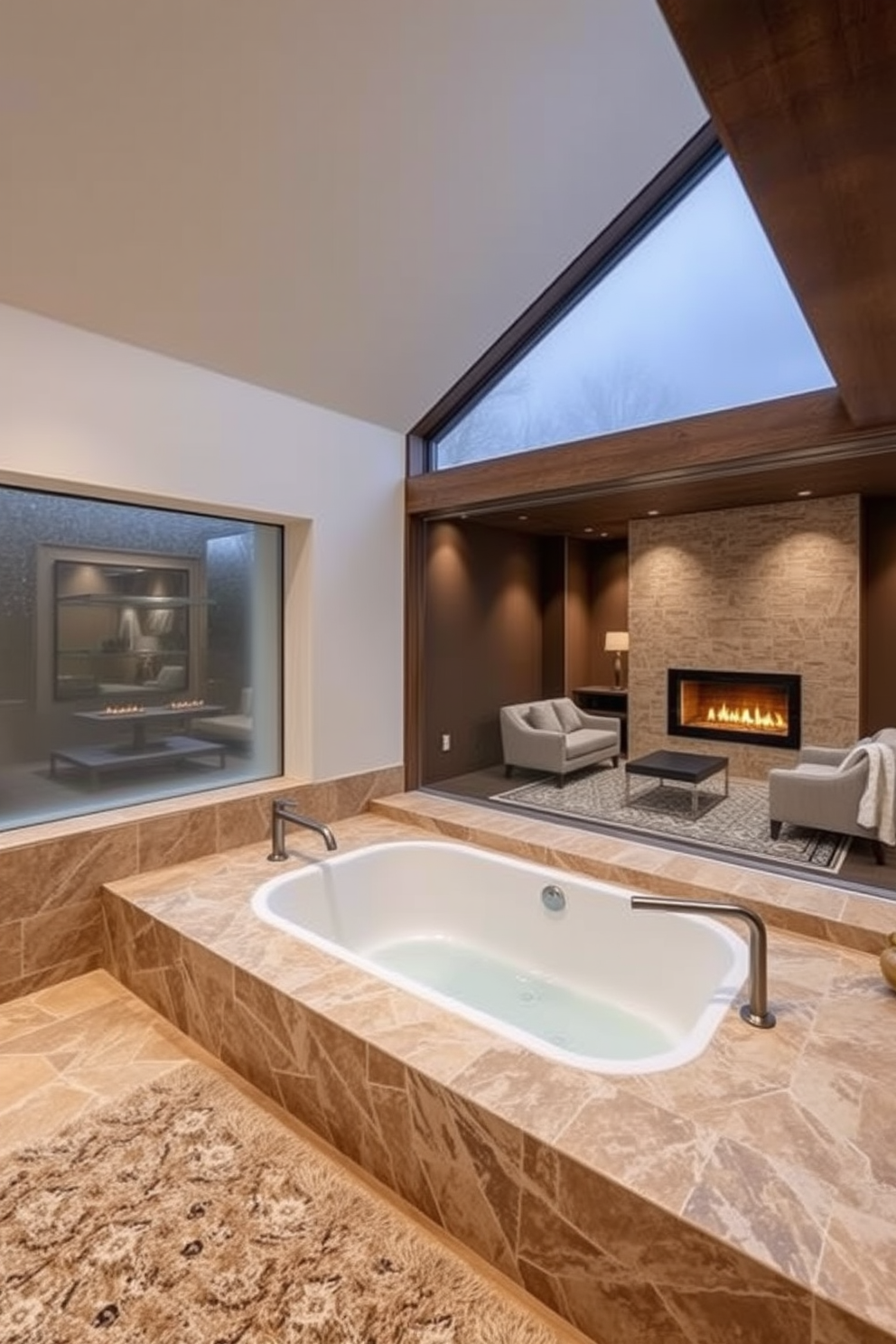 A spa-like bathroom featuring a large soaking tub positioned under a frosted glass window. The tub is surrounded by natural stone tiles, and a plush area rug adds warmth to the space. Luxury basement design ideas that incorporate a cozy lounge area with a modern fireplace. Soft lighting and elegant furnishings create an inviting atmosphere for relaxation and entertainment.