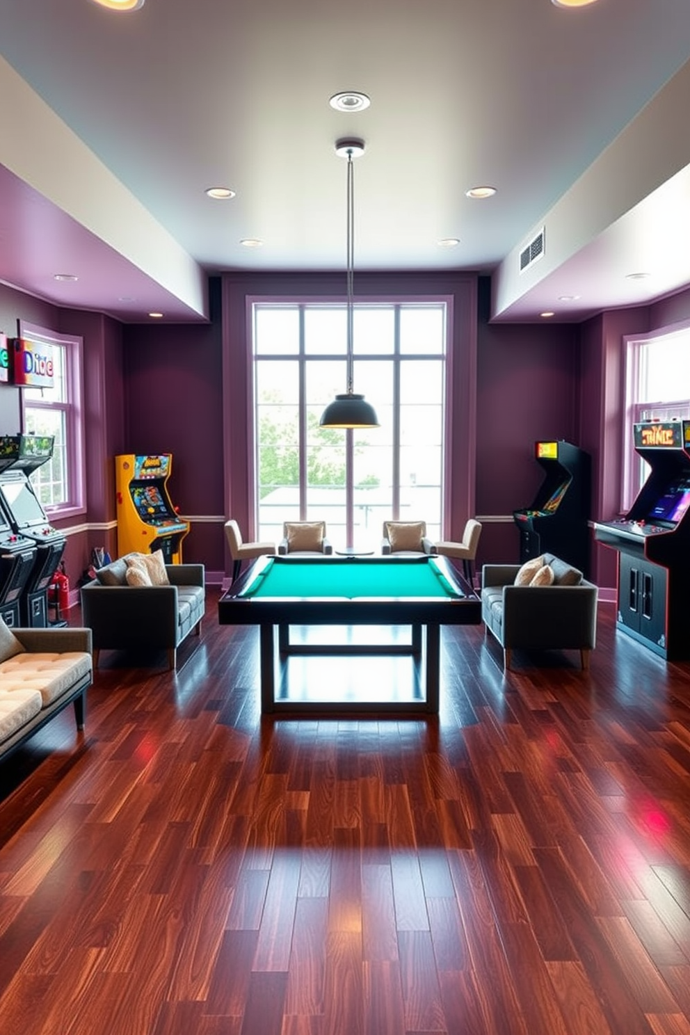 A vibrant game room featuring a sleek billiards table placed centrally, surrounded by plush seating for guests. The walls are adorned with retro arcade game machines, creating a lively atmosphere with bright colors and ambient lighting. The flooring is a polished dark wood that complements the modern design, while a custom bar area offers refreshments. Large windows provide natural light, enhancing the inviting feel of this luxury basement space.