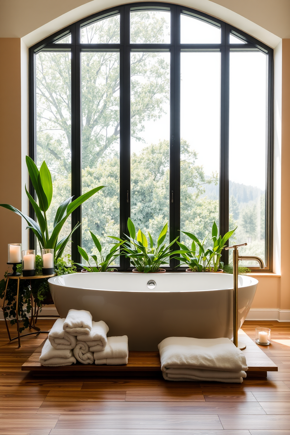 A spa-like soaking tub is positioned in front of a large window that allows natural light to flood the space. The tub is surrounded by lush greenery and elegant candles, creating a serene atmosphere. The walls are adorned with soft neutral tones, while the floor features warm wooden planks. A stylish freestanding faucet complements the tub, and plush towels are neatly arranged nearby for a touch of luxury.