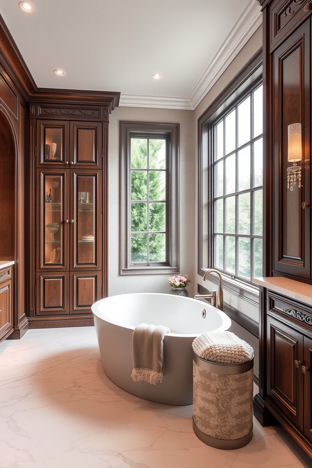 A luxury bathroom featuring sleek quartz countertops with undermount sinks. The space is illuminated by elegant pendant lights hanging above the sinks, creating a warm and inviting atmosphere. The cabinetry is finished in a rich dark wood, providing a striking contrast to the light countertops. A freestanding soaking tub is positioned near a large window, allowing natural light to flood the room.