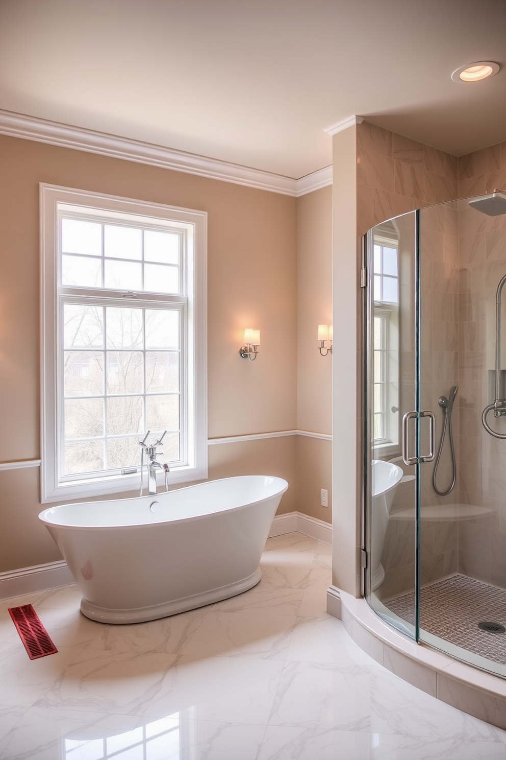 A luxurious bathroom featuring heated floors for ultimate comfort. The space includes a freestanding soaking tub positioned under a large window, allowing natural light to flood in. Elegant wall sconces provide a warm glow, complementing the soft beige walls. A spacious walk-in shower with glass doors and rainfall showerhead enhances the spa-like atmosphere.