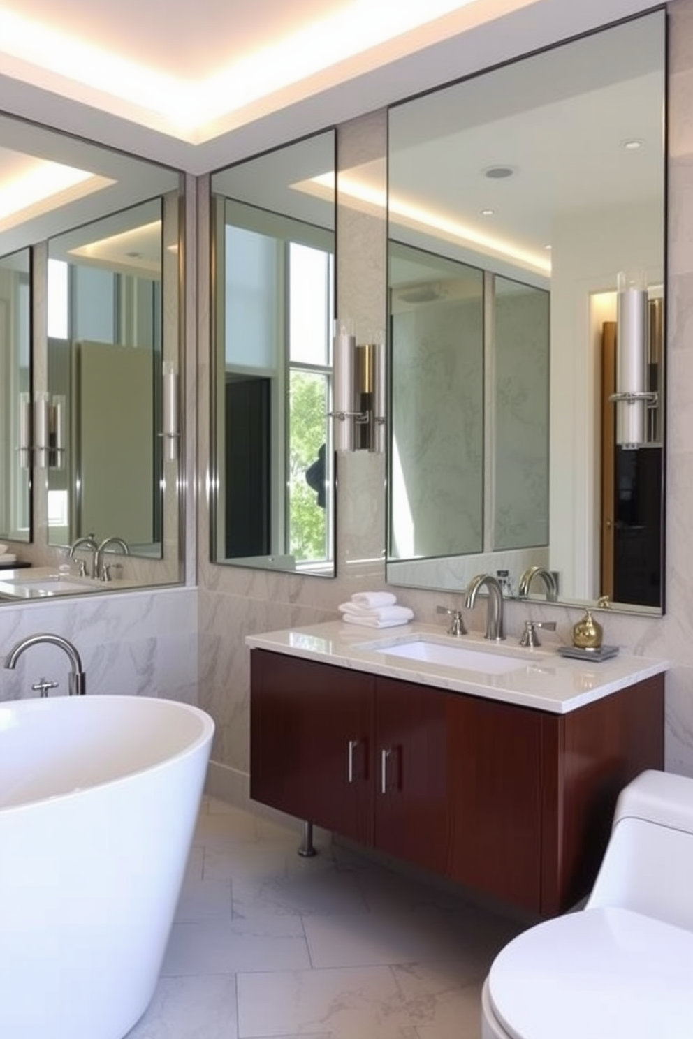 A luxury bathroom design featuring large mirrors that reflect natural light and create an illusion of a more spacious environment. The elegant fixtures and finishes complement the overall aesthetic while providing functionality and comfort.