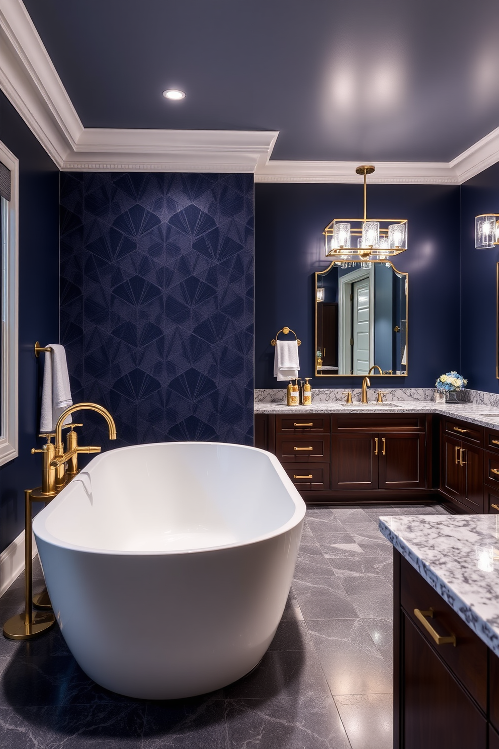 A luxury bathroom design featuring an accent wall painted in a deep navy blue with a geometric pattern. The space includes a freestanding soaking tub positioned in front of the accent wall, complemented by sleek gold fixtures and elegant lighting. The opposite wall showcases a large double vanity with a dark wood finish and a polished quartz countertop. Soft ambient lighting enhances the rich colors and textures, creating a serene and opulent atmosphere.