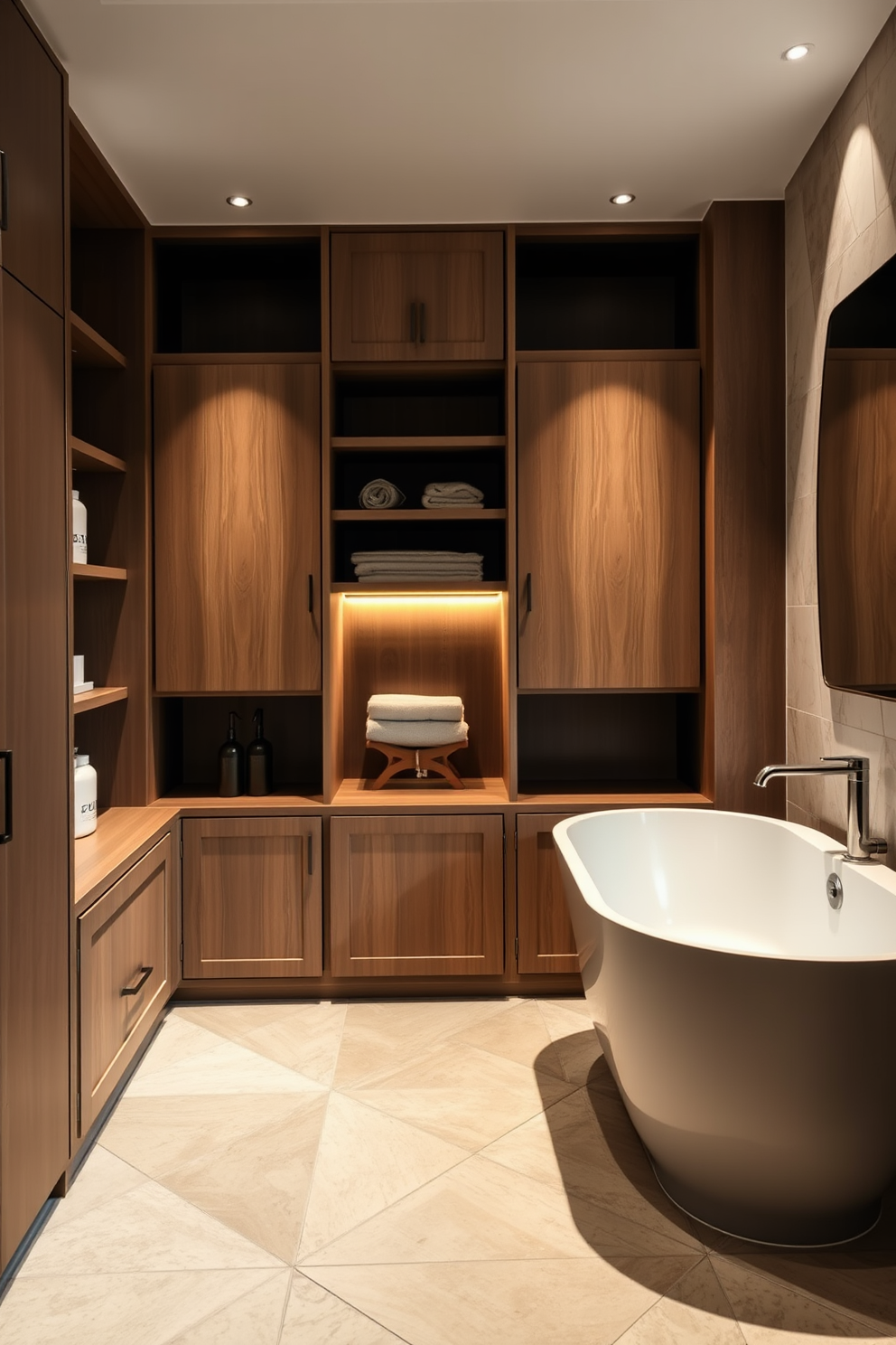 A luxury bathroom featuring integrated storage solutions that maintain a clutter-free look. The design includes built-in cabinetry and shelving that seamlessly blend with the overall aesthetic, showcasing elegant finishes and textures. Soft ambient lighting highlights the sleek lines of the cabinetry, while a freestanding soaking tub adds a touch of opulence. Earthy tones and natural materials create a serene atmosphere, inviting relaxation and comfort.