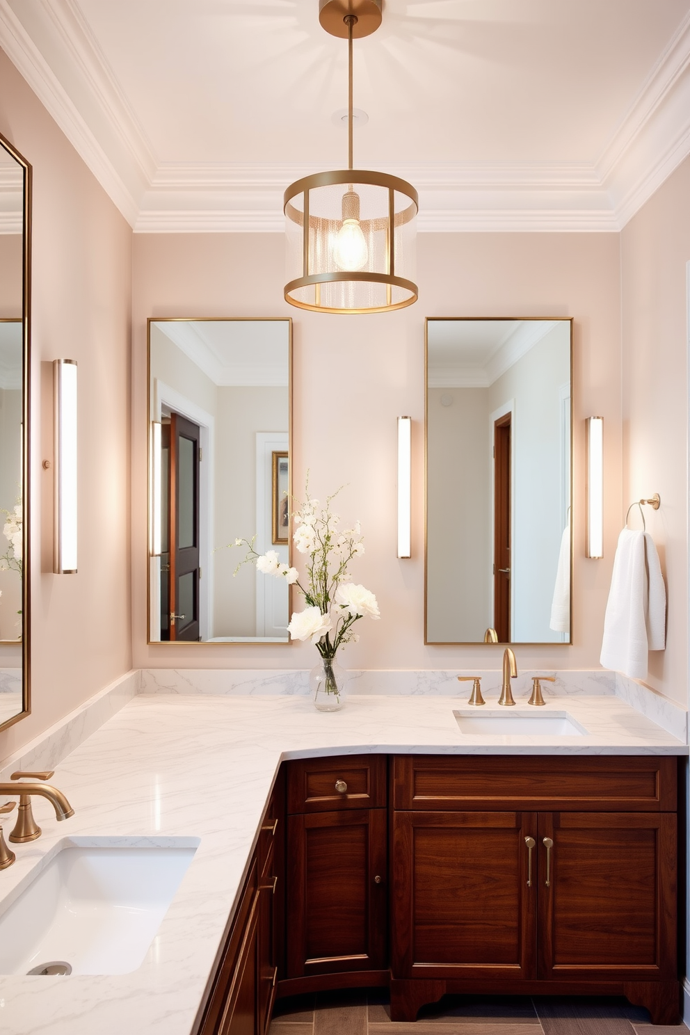 A luxury bathroom design featuring stylish pendant lighting hanging gracefully above double vanities. The vanities are crafted from rich wood with sleek marble countertops, creating an elegant contrast.