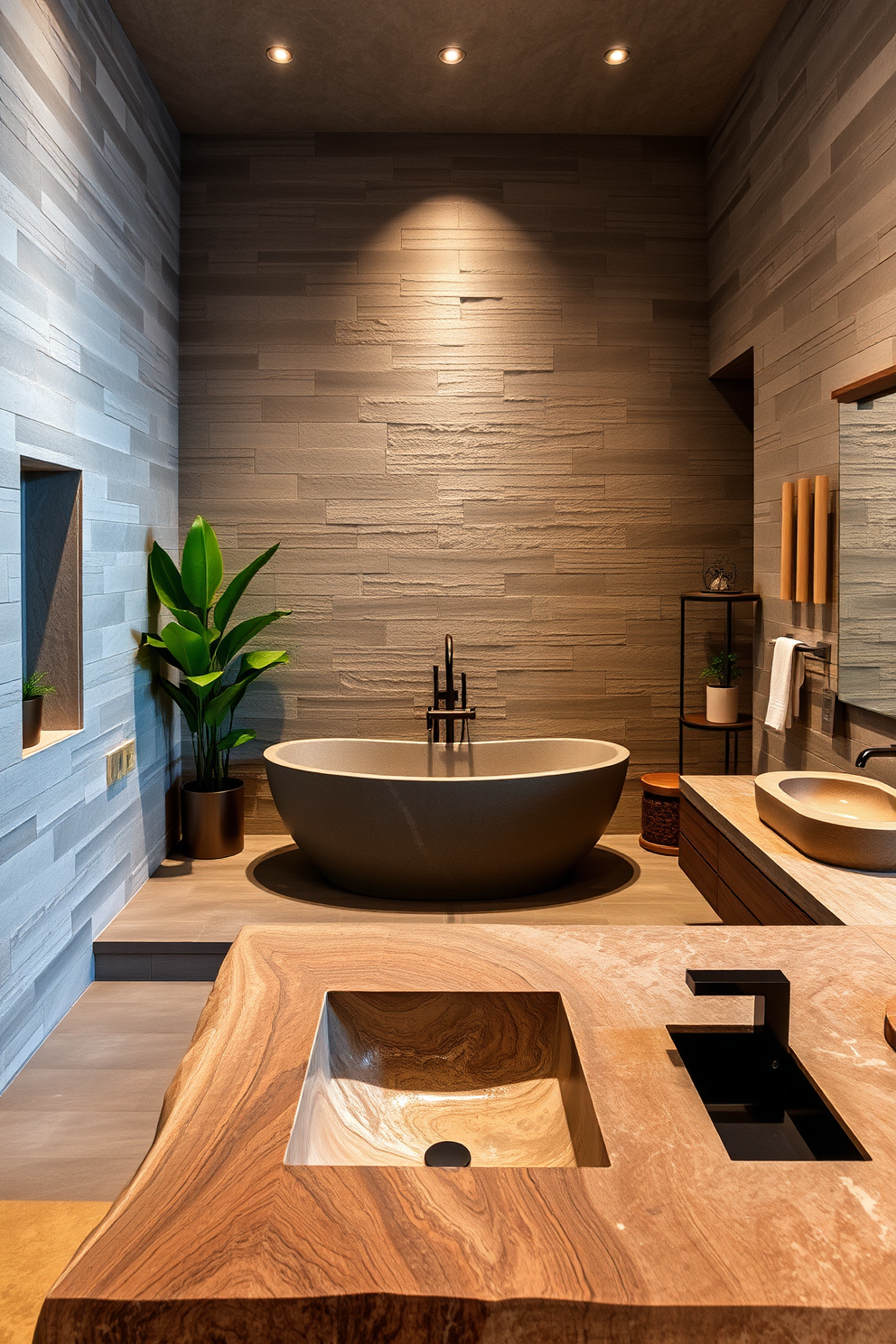 A luxury bathroom featuring natural stone elements that create an earthy feel. The walls are adorned with textured stone tiles and a large freestanding bathtub made of smooth stone sits in the center, surrounded by lush greenery. The vanity is crafted from reclaimed wood with a stunning natural stone countertop that complements the overall aesthetic. Soft, ambient lighting highlights the organic textures and enhances the serene atmosphere of the space.