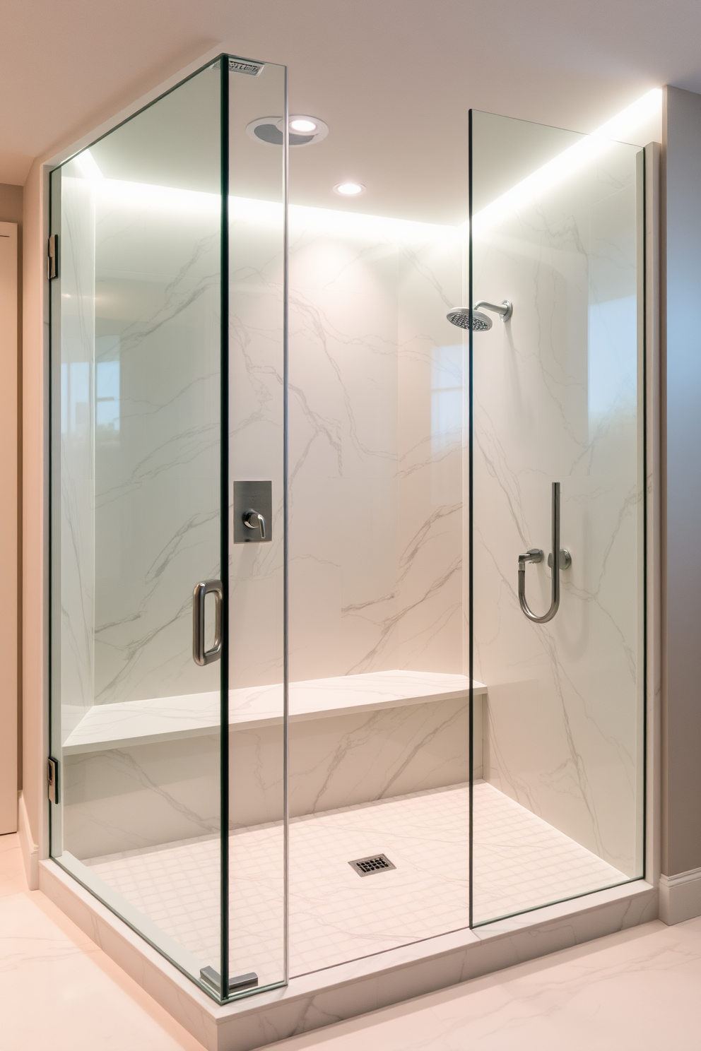 A luxurious walk-in shower features built-in seating with elegant marble tiles. Soft ambient lighting highlights the modern fixtures and creates a serene atmosphere in the spacious bathroom.