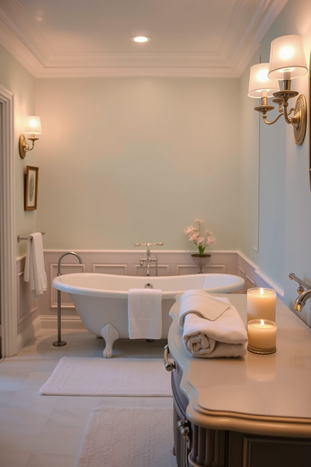 A luxury bathroom design featuring his and hers sinks for convenience. The space includes a freestanding soaking tub positioned under a large window with sheer curtains, allowing natural light to flood the room. The vanity is crafted from rich dark wood with a polished stone countertop, complemented by elegant gold fixtures. Soft ambient lighting is provided by sconces on either side of a stunning oversized mirror, enhancing the overall sophistication of the space.