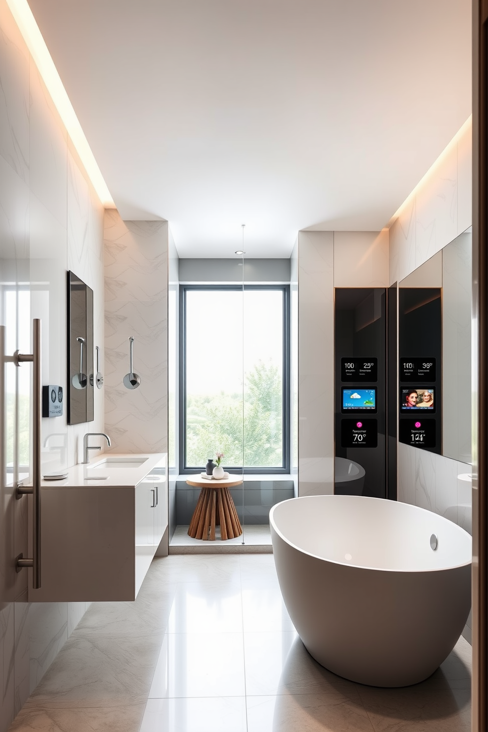 A luxury bathroom featuring smart mirrors with built-in technology that adjust lighting and display information. The space includes a freestanding soaking tub and a spacious walk-in shower with rainfall showerhead, surrounded by elegant marble tiles. The color palette consists of soft grays and whites, creating a serene atmosphere. Sleek cabinetry provides ample storage, while designer fixtures add a touch of sophistication.