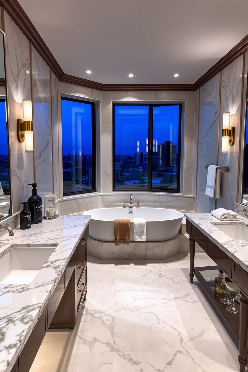 A luxurious bathroom features a marble tiled walk-in shower enclosure with seamless glass doors. The space is adorned with elegant fixtures and ambient lighting that enhances the sophisticated atmosphere.