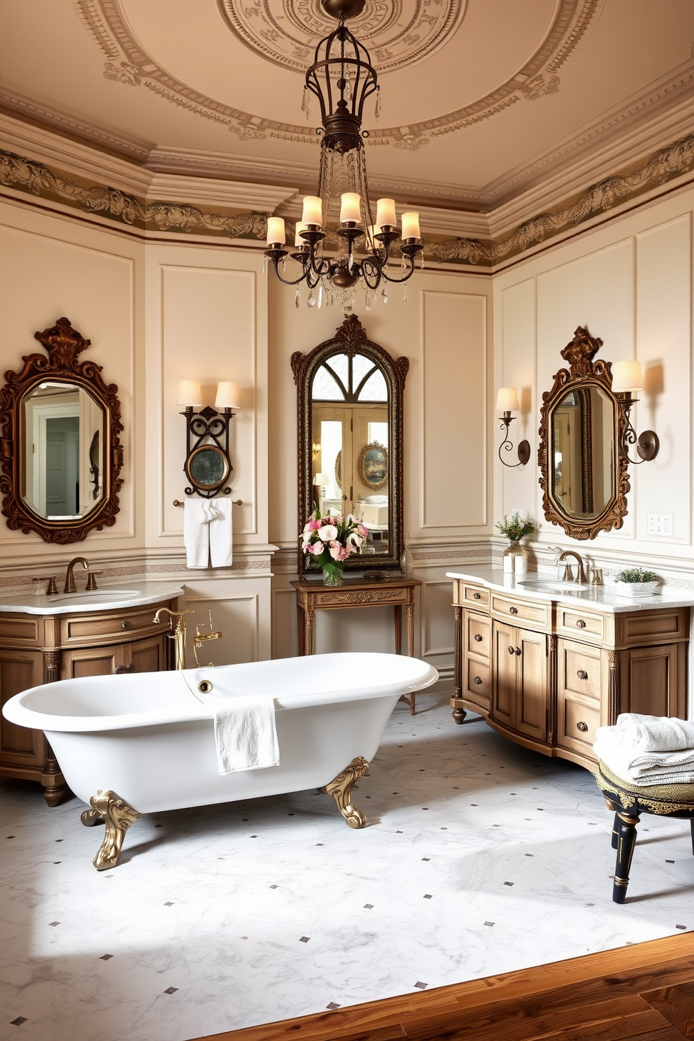 A luxury bathroom design featuring vintage accents that exude timeless elegance. The space includes a freestanding clawfoot bathtub with an antique brass faucet and elegant feet. The walls are adorned with intricate wainscoting and a soft pastel color palette. A vintage chandelier hangs from the ceiling, casting a warm glow over the room. A double vanity with a distressed wood finish and marble countertops flanks the bathtub. Decorative elements like ornate mirrors and vintage-inspired sconces enhance the classic feel. The flooring is a mix of hexagonal marble tiles and reclaimed wood for added texture. Fresh flowers in a vintage vase and plush towels complete the sophisticated atmosphere.