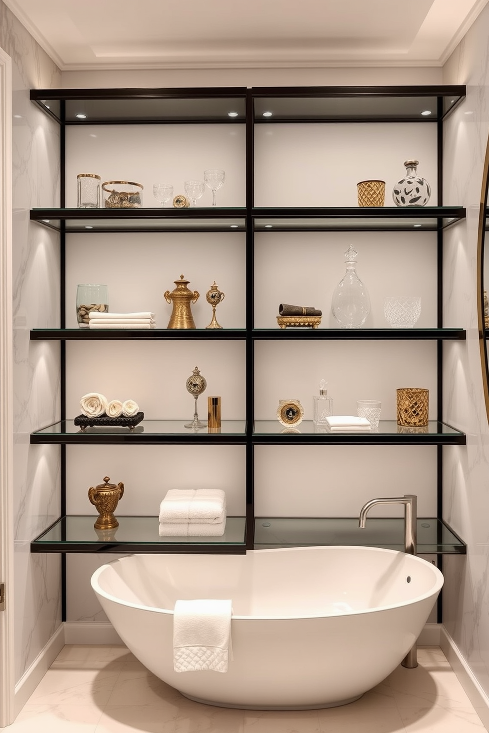 A luxury bathroom featuring elegant glass shelving that showcases an array of decorative items. The shelving is strategically placed to enhance the space while maintaining an open and airy feel.