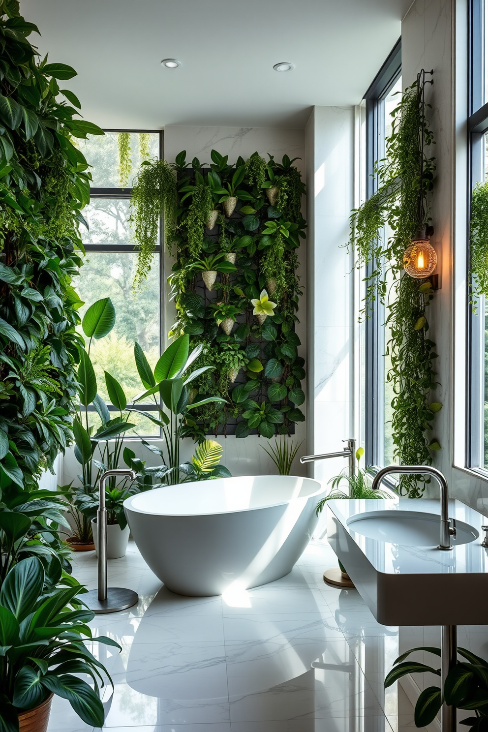 A serene luxury bathroom filled with lush indoor plants. The space features a freestanding soaking tub surrounded by greenery, creating a calming oasis. Natural light floods in through large windows, illuminating the elegant marble tiles and sleek fixtures. A vertical garden wall showcases a variety of plants, adding vibrancy and freshness to the design.