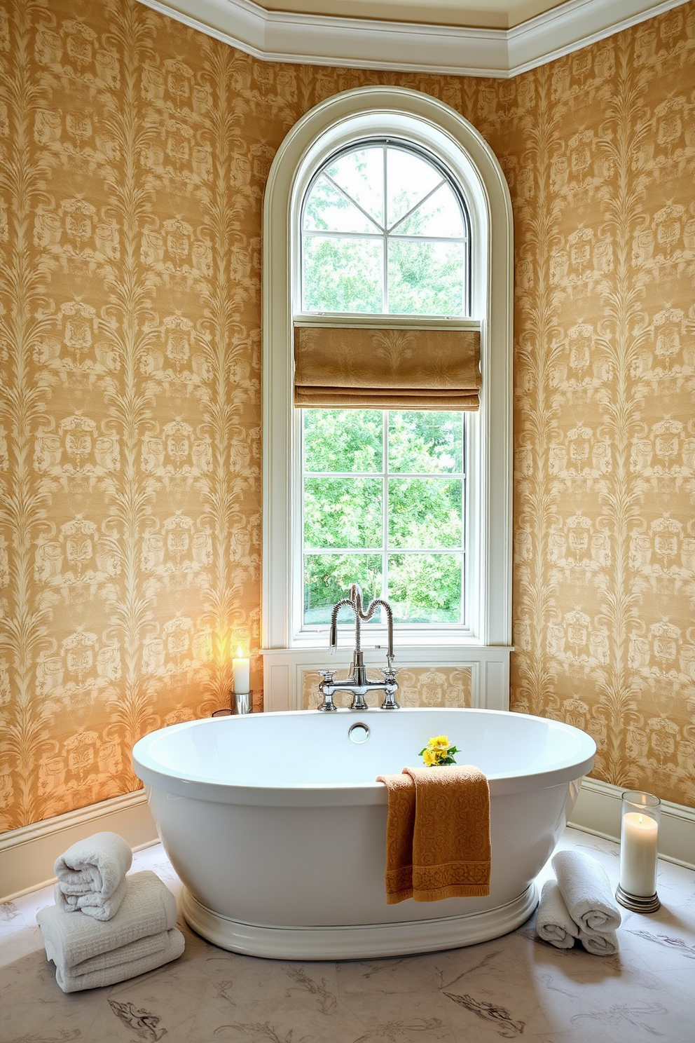 Elegant wallpaper to add sophistication. The walls are adorned with a rich damask pattern in soft gold and cream tones, creating a warm and inviting atmosphere. Luxury bathroom design ideas include a freestanding soaking tub positioned beneath a large window. The tub is surrounded by plush towels and candles, enhancing the serene ambiance of the space.