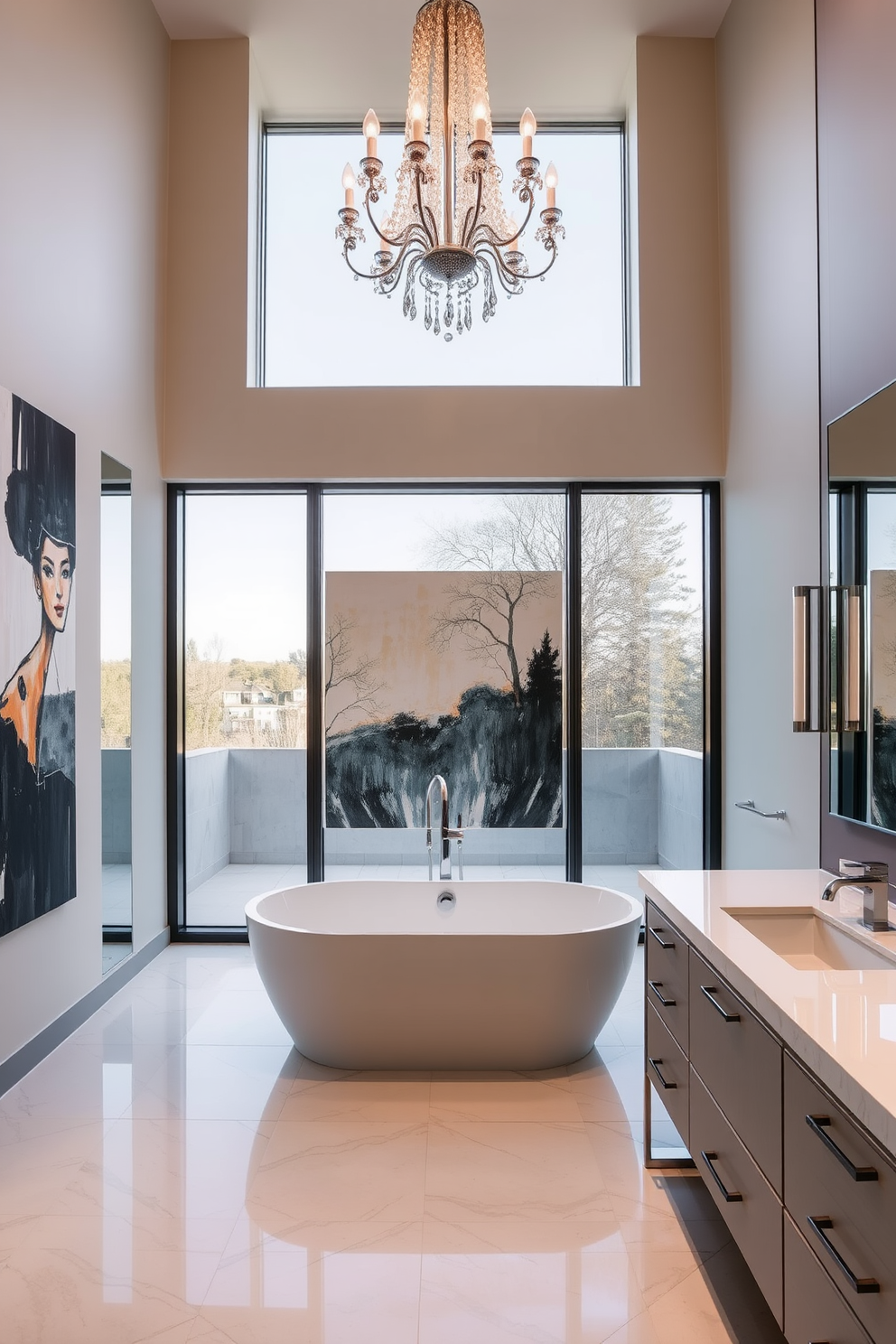 A luxury bathroom featuring unique artwork that adds a personal touch to the space. The walls are adorned with a large abstract painting that complements the elegant color palette of the room. A freestanding soaking tub sits in the center, surrounded by stylish floor-to-ceiling windows that allow natural light to flood in. The vanity area showcases a sleek design with a double sink and a stunning chandelier hanging above for an added touch of sophistication.