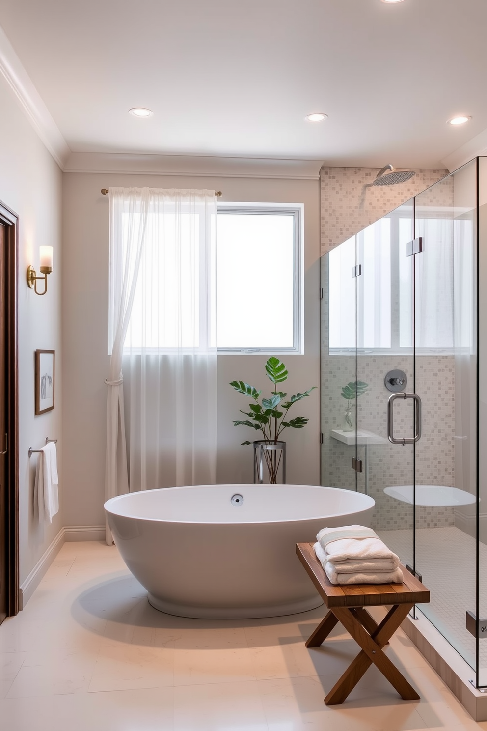 A luxury bathroom design featuring a neutral color palette that creates a serene ambiance. The space includes a freestanding soaking tub placed under a large window with sheer curtains, allowing natural light to flood in. Elegant wall sconces provide soft lighting, while a large walk-in shower with glass doors is adorned with subtle mosaic tiles. A minimalist wooden bench sits beside the tub, complemented by plush towels and a decorative plant for a touch of greenery.