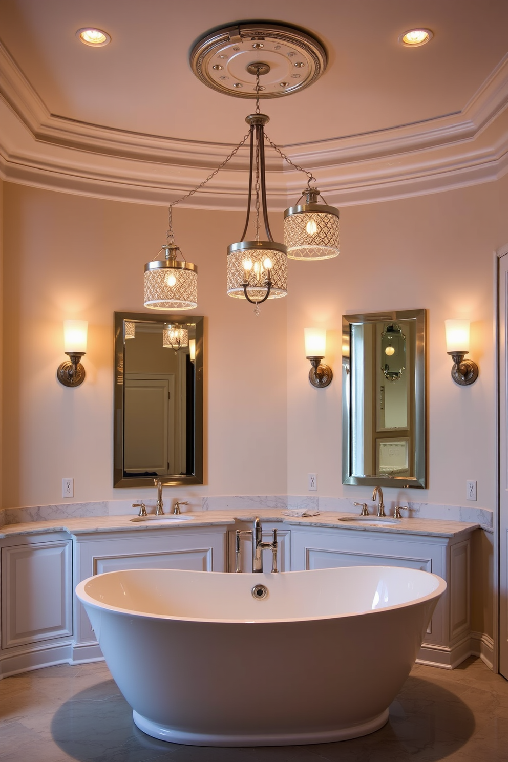 Elegant chandeliers for luxurious flair. Imagine a grand bathroom with a stunning crystal chandelier hanging from a coffered ceiling, casting a warm glow over the space. Luxury bathroom design ideas. Picture a spacious bathroom featuring a freestanding soaking tub centered beneath a large window, surrounded by plush towels and elegant candles for a serene atmosphere.