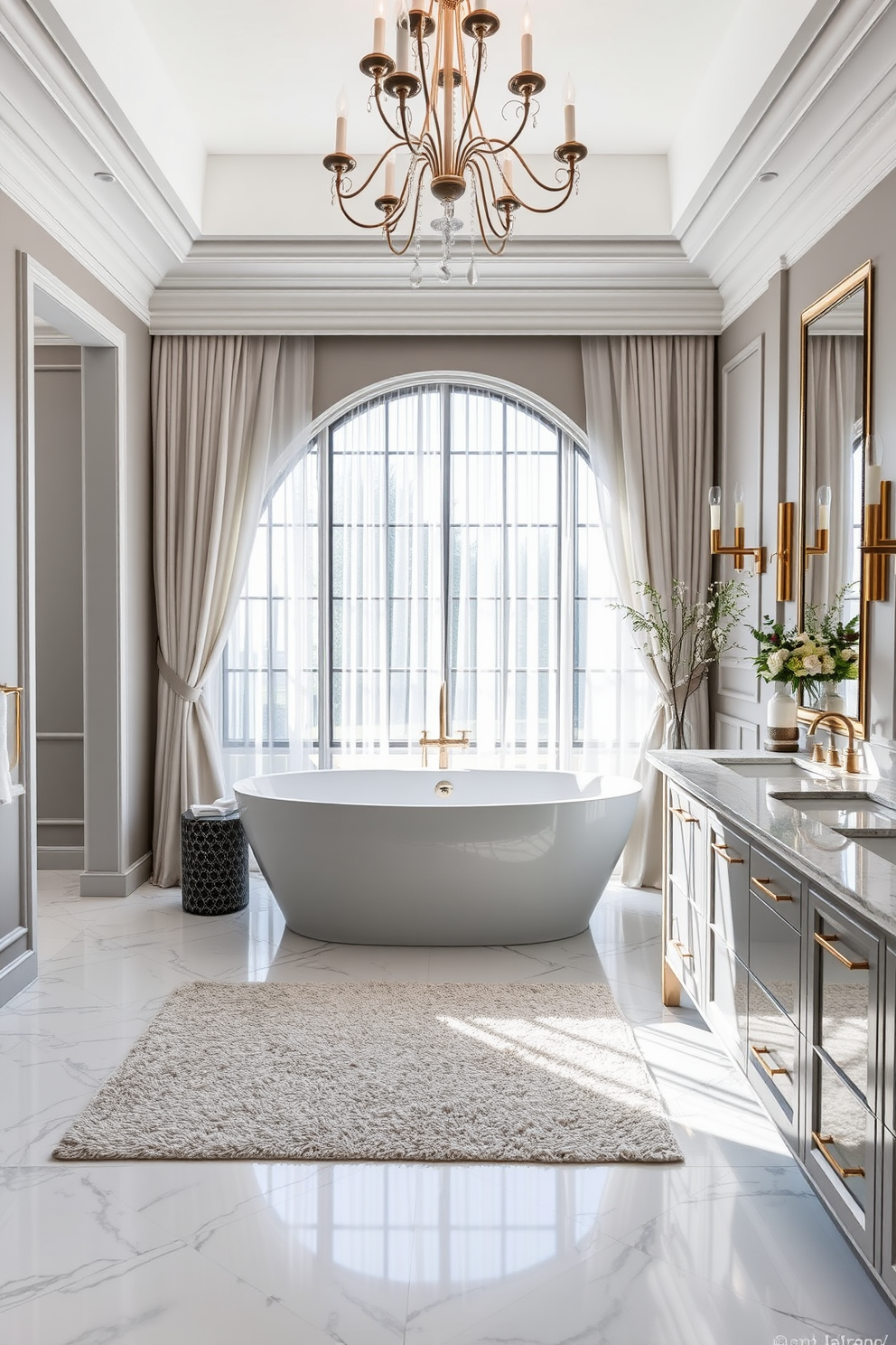 A luxurious bathroom featuring a large freestanding bathtub positioned under a grand window with sheer curtains allowing natural light to flood the space. The floor is adorned with a soft, textured rug that complements the elegant marble tiles, creating a cozy yet sophisticated atmosphere. The walls are painted in a calming shade of soft gray, accented by gold fixtures and a stylish chandelier overhead. A double vanity with a sleek design showcases a beautiful quartz countertop, while decorative elements like candles and fresh greenery enhance the overall luxury feel.