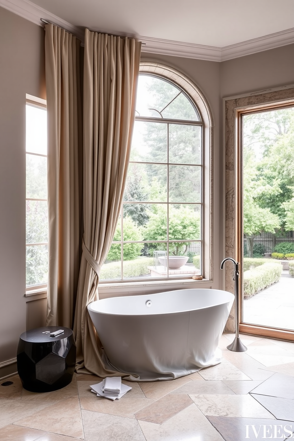 A luxury bathroom design featuring natural light skylights that flood the space with brightness. The room includes a freestanding soaking tub positioned under the skylights, surrounded by elegant potted plants for a serene atmosphere.