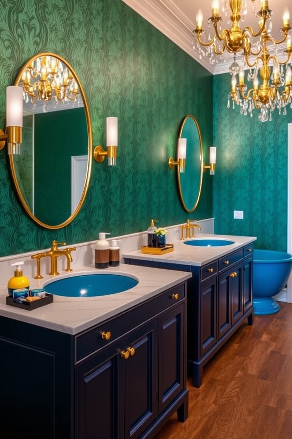 A luxury bathroom design featuring bold color accents that add a vibrant touch. The space includes a freestanding soaking tub with a striking blue hue, complemented by gold fixtures and a statement chandelier overhead. The walls are adorned with a rich emerald green wallpaper, creating an elegant backdrop. A sleek double vanity in a deep navy finish is topped with a white marble countertop, showcasing stylish accessories in contrasting colors.