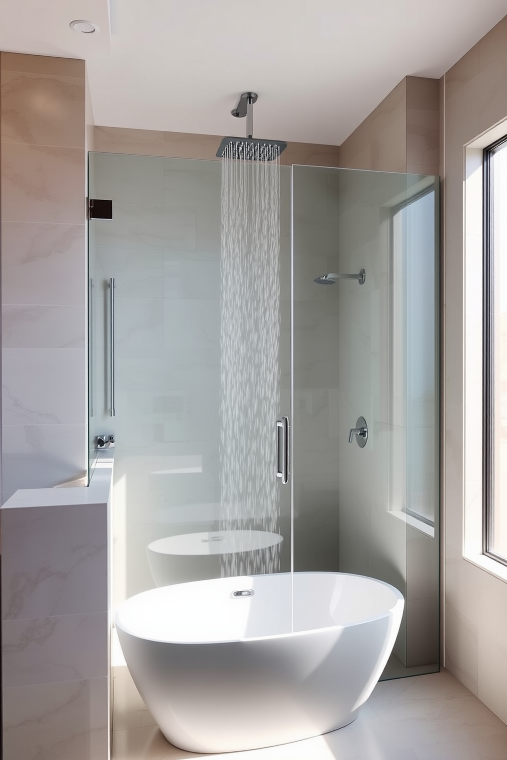 A luxury bathroom featuring a rainfall shower head elegantly installed within a sleek glass enclosure. The walls are adorned with large format tiles in a soft neutral tone, complemented by a freestanding soaking tub positioned near a window that allows natural light to flood the space.