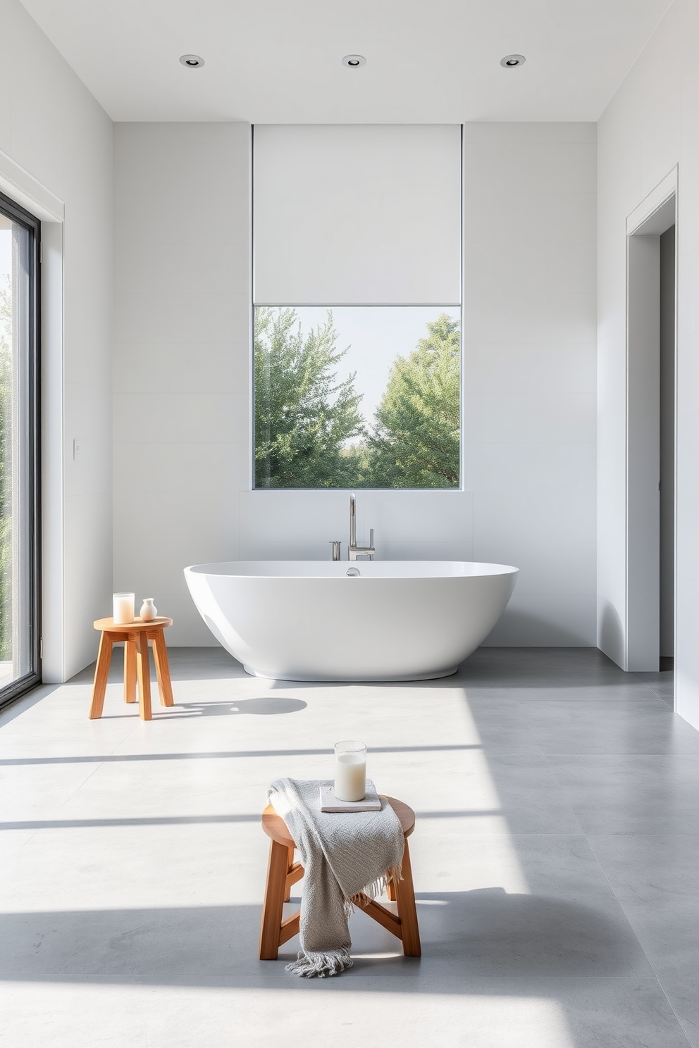 A luxurious minimalist bathroom featuring a freestanding tub positioned centrally on a polished concrete floor. The walls are adorned with large format white tiles, creating a serene and spacious atmosphere. Natural light floods the room through a large window, highlighting the sleek lines of the tub and the simplicity of the decor. A small wooden stool beside the tub holds a plush towel and a candle, enhancing the tranquil ambiance.