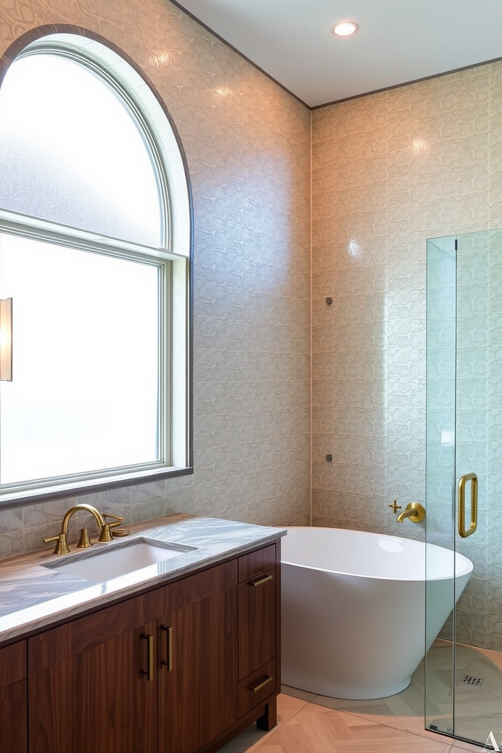 A luxury bathroom featuring textured wall tiles that add depth and visual interest. The space includes a freestanding soaking tub positioned under a large window, allowing natural light to flood in. The vanity is crafted from rich walnut wood with a polished stone countertop, complemented by elegant gold fixtures. Soft ambient lighting highlights the intricate tile patterns and creates a serene atmosphere.