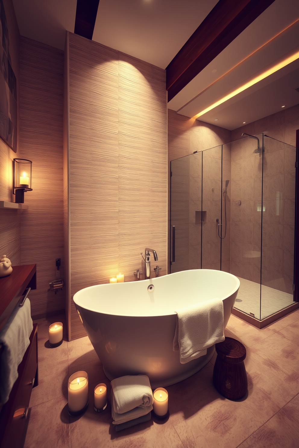 A luxury bathroom featuring frameless glass shower doors that create a sense of openness. The space includes a freestanding soaking tub positioned near a large window, allowing natural light to flood the room. The walls are adorned with elegant marble tiles, while the floor showcases a rich hardwood finish. Sleek, modern fixtures in brushed nickel complement the overall design, enhancing the luxurious feel.