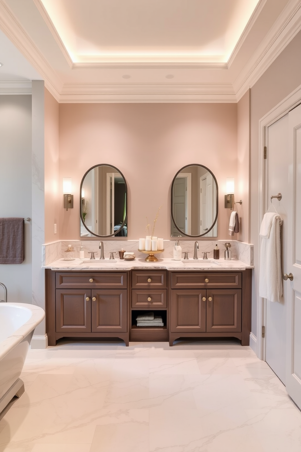 A luxurious bathroom design featuring double sinks is perfect for shared spaces. The design includes a spacious vanity with elegant fixtures and ample storage to enhance functionality. The walls are adorned with soft, calming colors that create a serene atmosphere. Complementary accessories and stylish lighting fixtures add a touch of sophistication to the overall aesthetic.