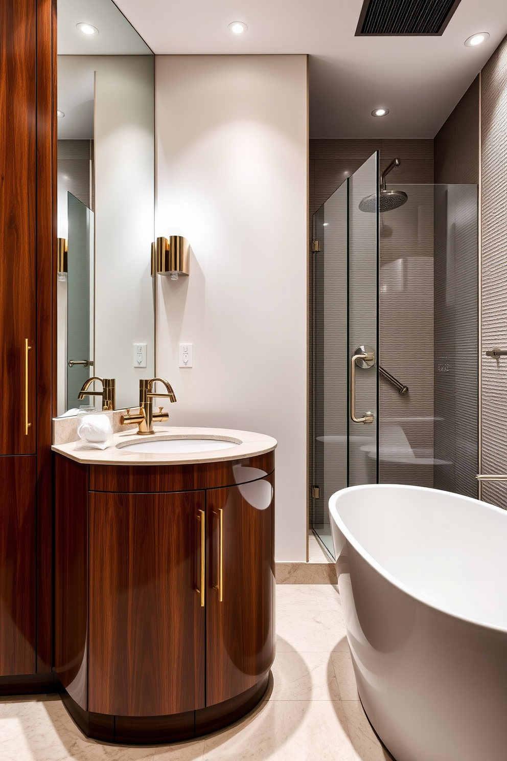 A luxury bathroom design featuring high-end hardware in polished finishes. The space includes a freestanding soaking tub with a sleek faucet and a walk-in shower with a frameless glass enclosure. The cabinetry is crafted from rich hardwood with a glossy finish, complemented by elegant gold handles. Soft ambient lighting highlights the textured wall tiles and creates a serene atmosphere.