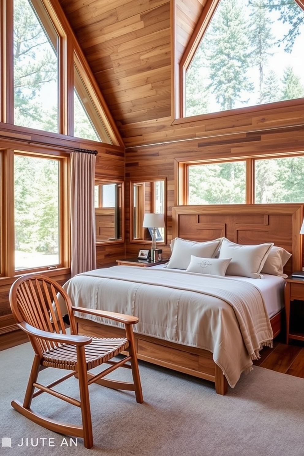 A luxury bedroom featuring natural wood elements that create a warm and inviting atmosphere. The bed is framed with rich wooden headboards and complemented by soft, neutral bedding and plush pillows. Large windows allow natural light to flood the room, highlighting the wooden accents throughout. A cozy reading nook with a wooden chair and a small side table adds to the room's charm and functionality.