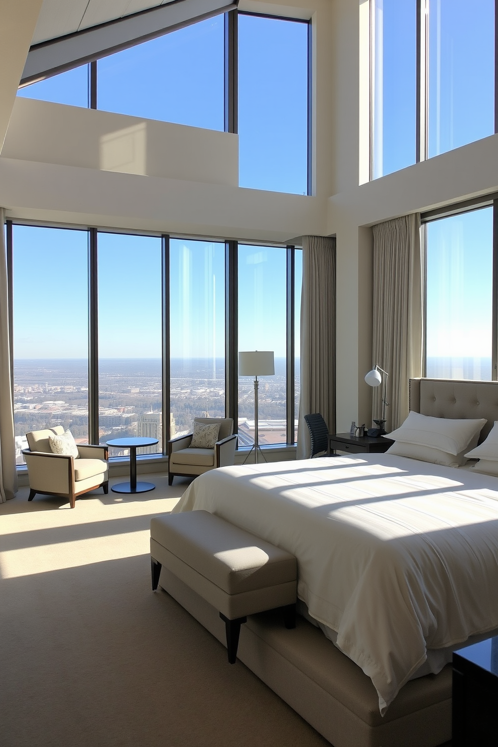 A luxurious bedroom featuring oversized mirrors that create an illusion of spaciousness. The mirrors are elegantly framed and positioned to reflect natural light, enhancing the overall ambiance of the room. The bedroom is adorned with a plush king-sized bed dressed in sumptuous linens and an array of decorative pillows. Soft, ambient lighting complements the design, creating a serene and inviting atmosphere.