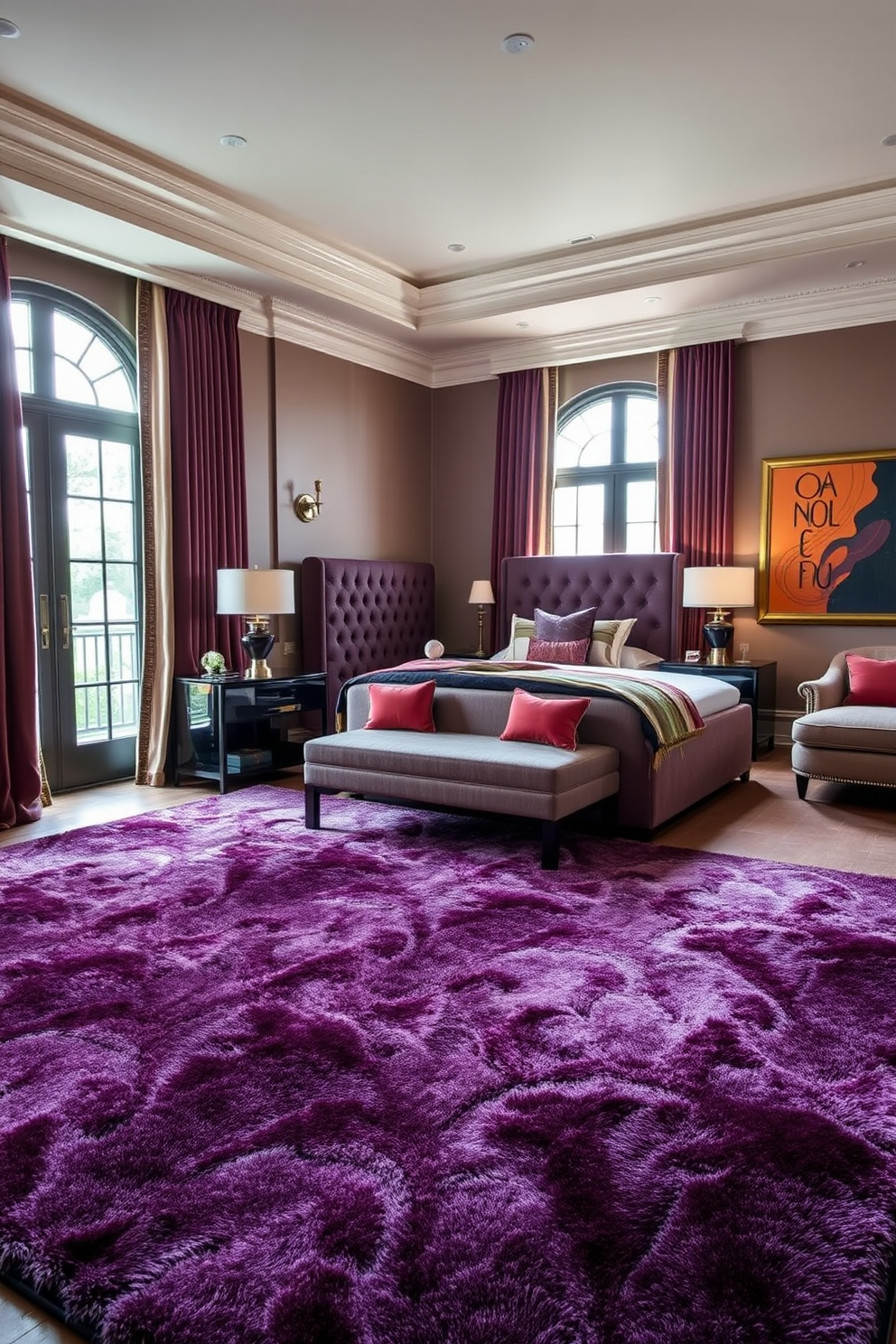 A luxurious bedroom features a large plush area rug in deep jewel tones that adds warmth and softness underfoot. The bed is dressed in high-quality linens with a tufted headboard, complemented by elegant bedside tables adorned with stylish lamps. The room is accented with rich fabrics such as velvet curtains that frame the windows, allowing natural light to filter in gently. A cozy seating area with a chaise lounge invites relaxation, while artwork in bold colors enhances the overall opulence of the space.