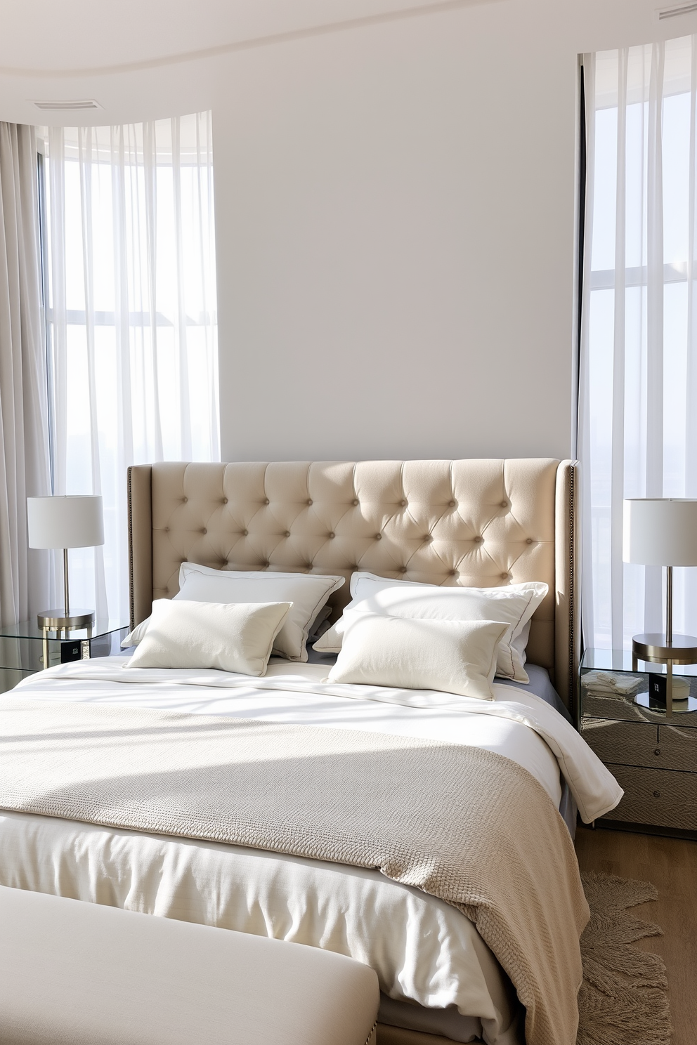 A luxurious bedroom featuring a king-sized bed with a plush upholstered headboard. The bedding is layered with soft neutral tones and accented with decorative pillows for added texture. The room has large windows that allow natural light to flood in, showcasing sheer white curtains that gently billow. A sleek nightstand with a modern lamp sits on either side of the bed, enhancing the minimalist aesthetic.