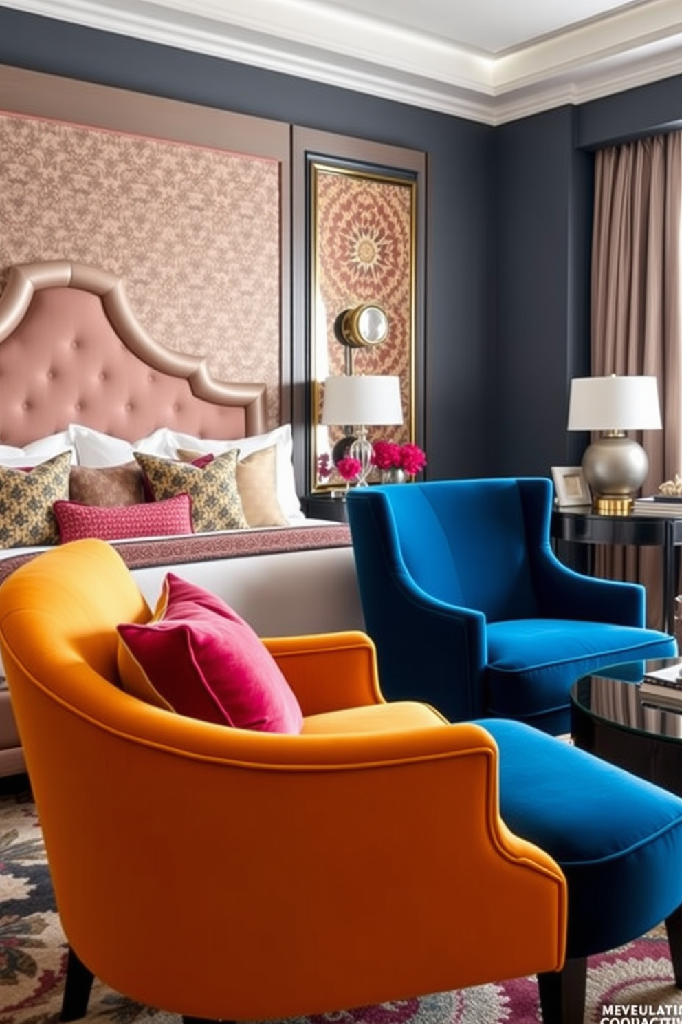 Stylish accent chairs in bold colors. The chairs are upholstered in vibrant fabrics, adding a pop of color to the room's decor. Luxury bedroom design ideas. The space features a king-sized bed with an elegant headboard, complemented by plush bedding and decorative pillows.