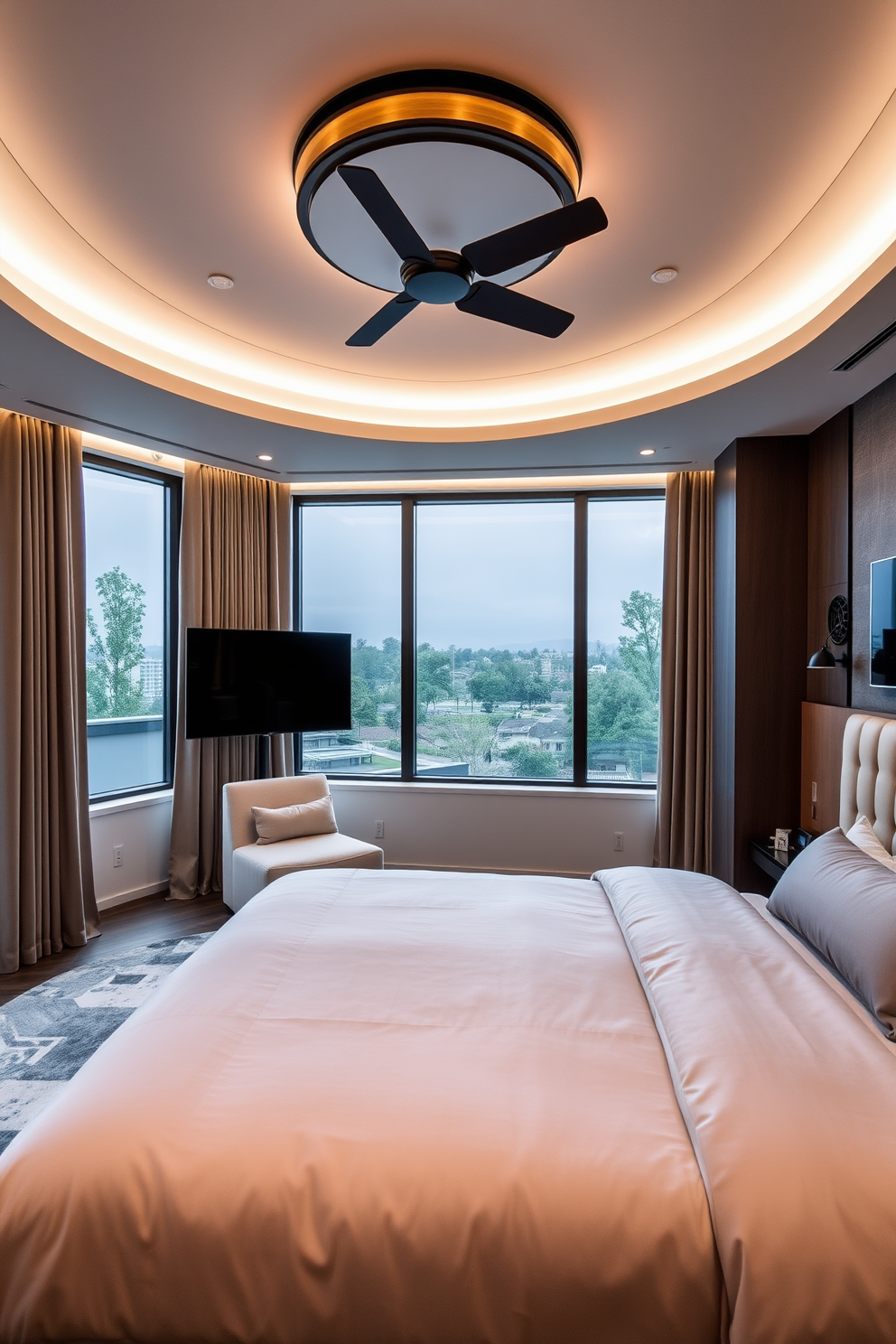 A luxury bedroom featuring smart home technology seamlessly integrated into the design. The room includes automated lighting, a smart thermostat, and a high-tech sound system, all controlled via a sleek wall panel. The bed is king-sized with an elegant upholstered headboard and plush bedding in muted tones. Floor-to-ceiling windows allow natural light to flood the space, complemented by blackout curtains for privacy and comfort.